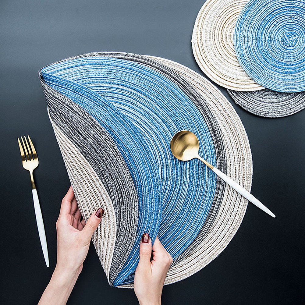 LEVINIS 14-Inch Round Braided Woven Placemats Set of 6 - Beige Table Mats for Dining Room, Kitchen, and Outdoor Picnics