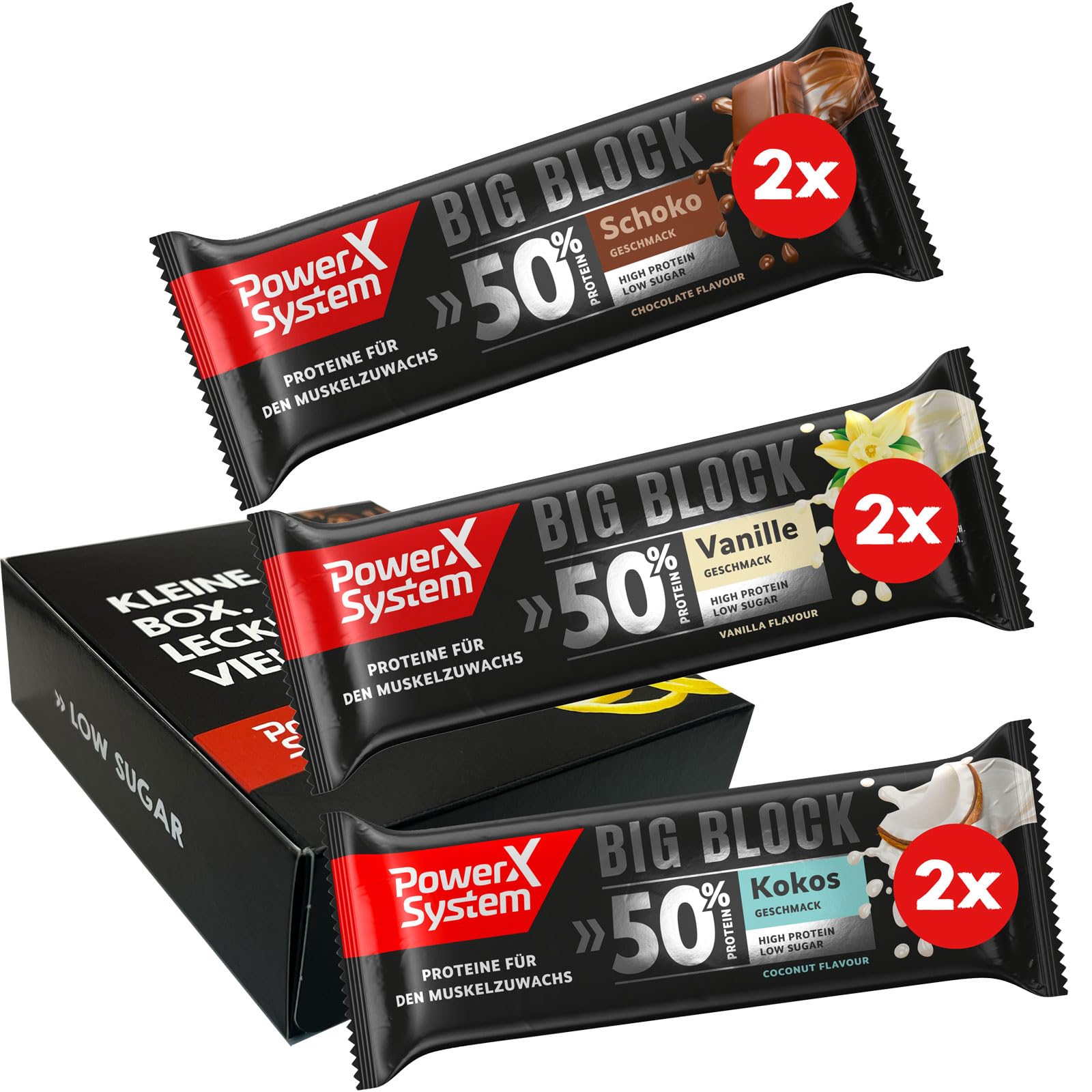 Power System Big Block 50% High Protein Bar Mix Box - Vanilla, Chocolate & Coconut Flavors (6 x 100g Protein Bars) for Gym, Workout & Healthy Snacking