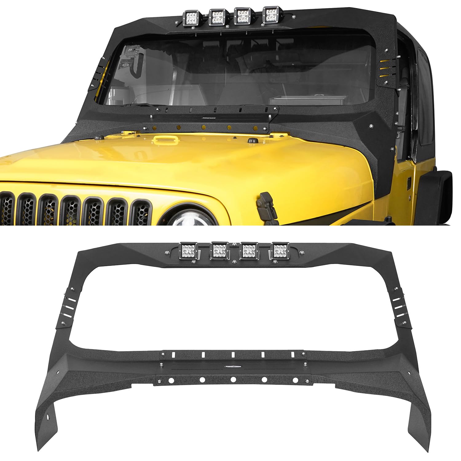 Hooke Road Wrangler TJ Windshield Frame Cover with 4 LED Lights - Sun Visor & Cowl Shade Body Armor for 1997-2006 Jeep Wrangler TJ - Perfect for Off-Roading, Camping & Sun Protection