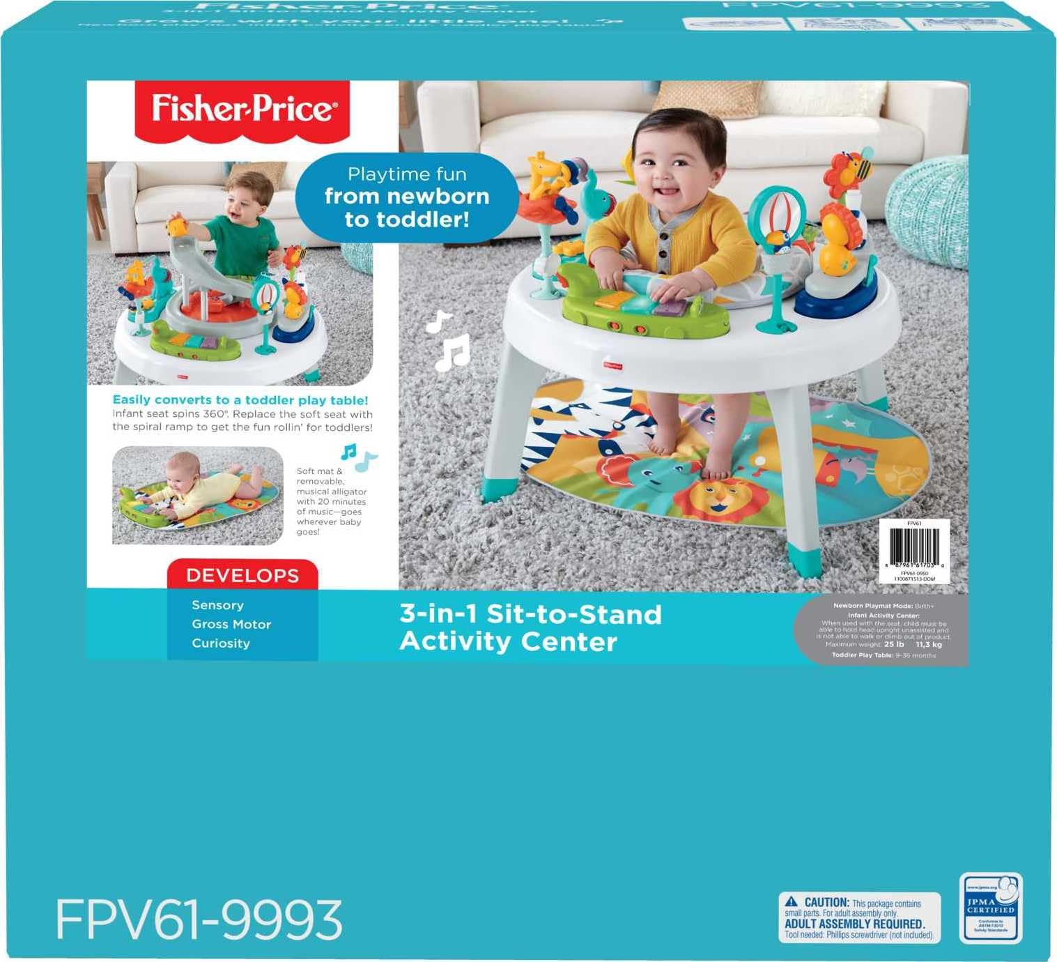 Fisher-Price 3-in-1 Sit-to-Stand Activity Center with Playmat, Music, Lights & Spiral Ramp - Interactive Baby to Toddler Learning Toy for Motor Skills Development - Perfect for Playtime, Nursery & Daycare Use