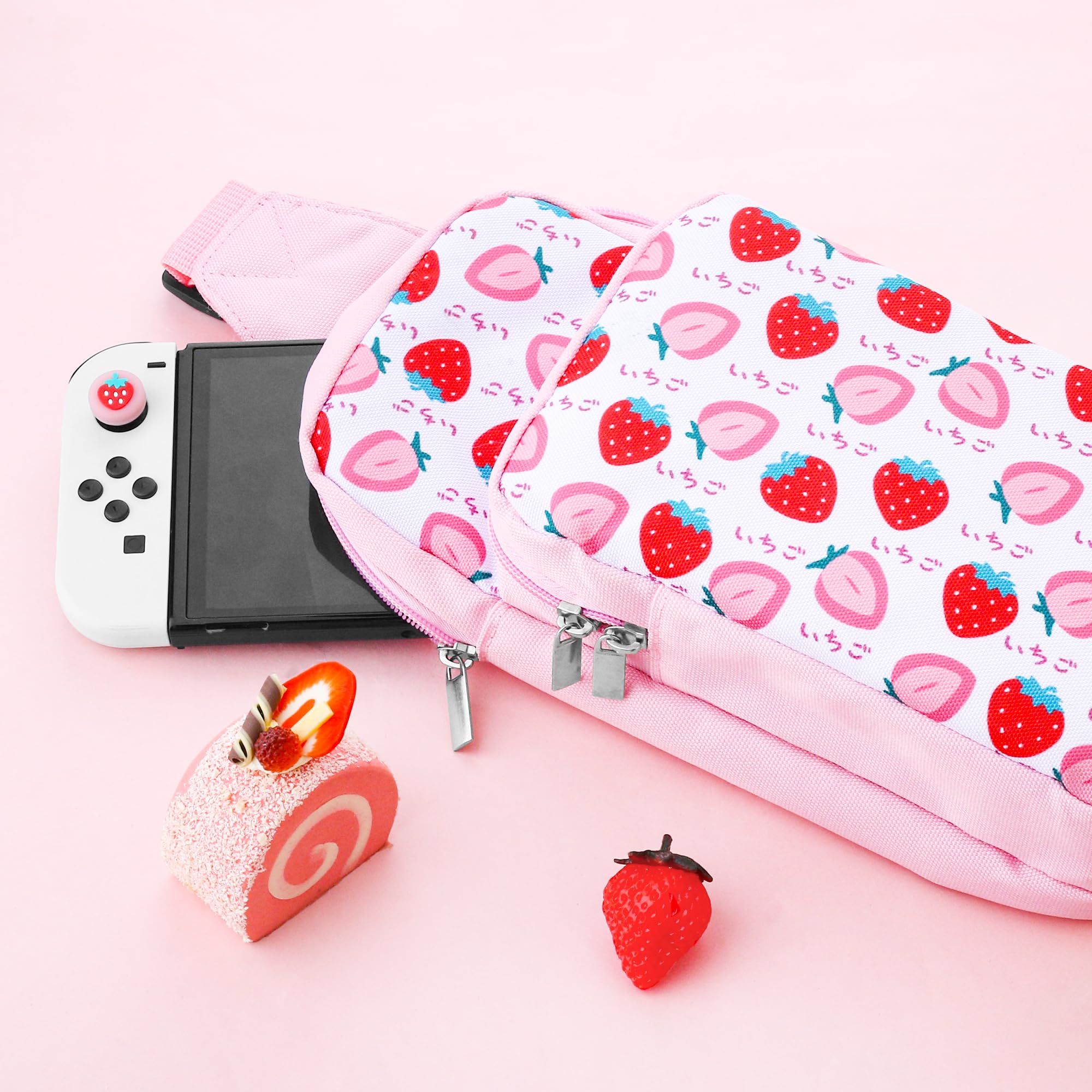 HYPERCASE Pink Strawberry Carrying Travel Bag for Nintendo Switch/OLED/Lite - Cute Sling Crossbody Backpack with 2 Pockets for Switch Console, Dock, Joycon & Accessories Storage - Perfect for Gaming On-The-Go, Travel, and Daily Commute