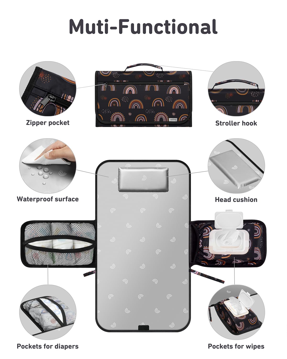 Portable Waterproof Diaper Changing Pad for Baby Boys & Girls - Travel Changing Mat with Wipes Pocket, Boho Rainbow Sun Design - Perfect for On-the-Go Parents, Nursery, Daycare & Outdoor Activities