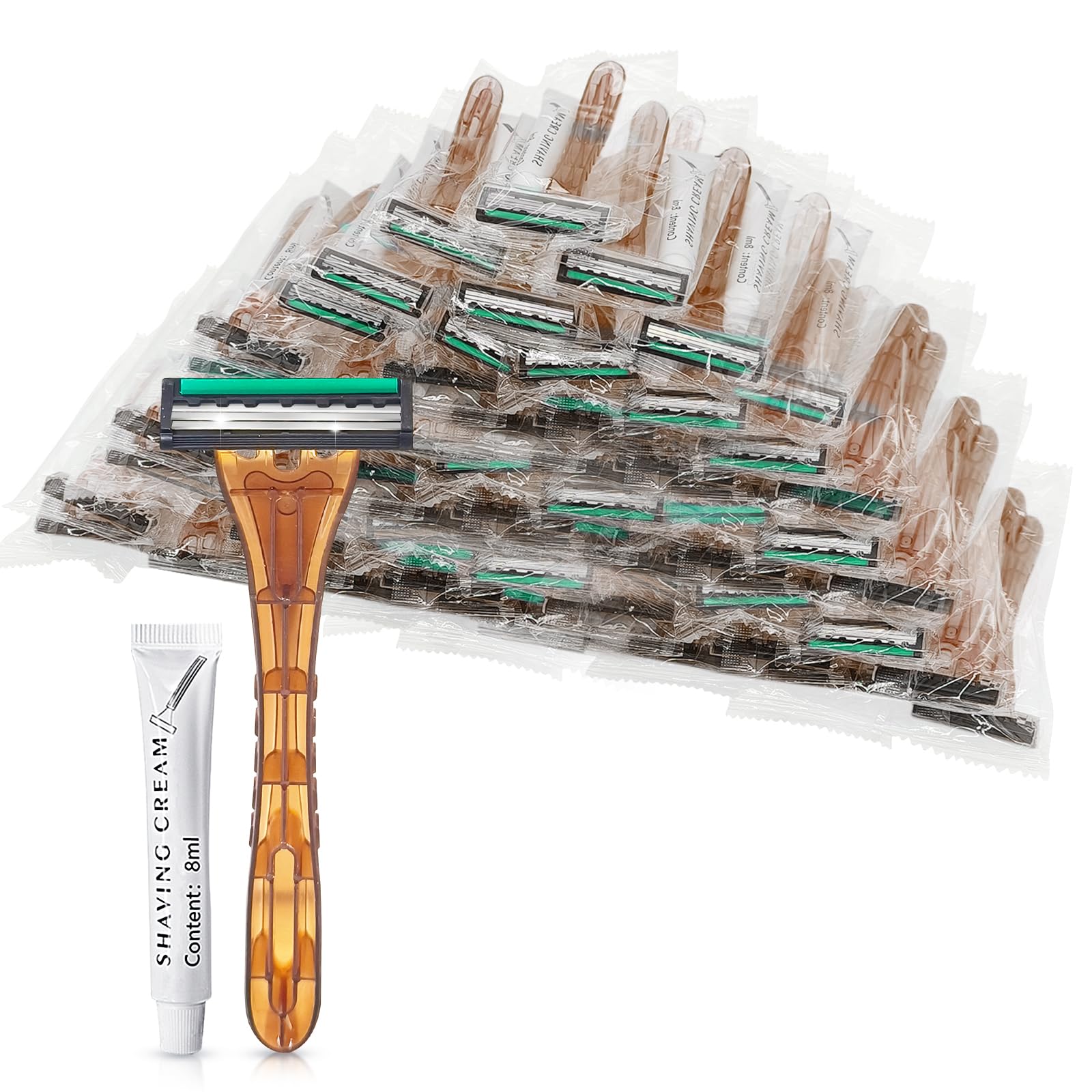 (50 Pack) Kheoxusa 3-Blade Disposable Razors - Individually Wrapped Triple Blade Shavers for Men & Women - Perfect for Travel, Hotels, Airbnb, Gyms, Emergency Kits & Homeless Shelters - Smooth Shaving Anywhere