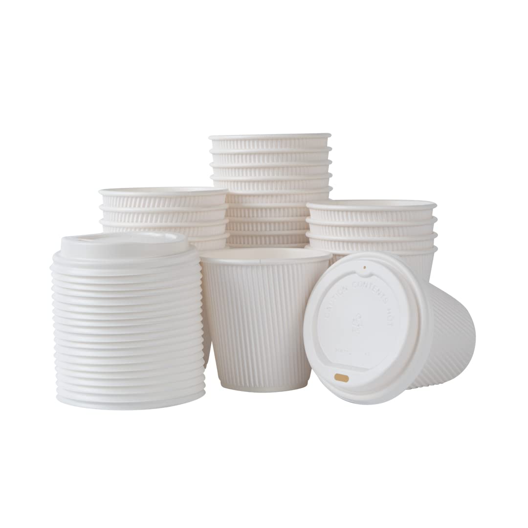 Restaurantware 8oz Insulated Coffee Cups with Lids - 400 Pack White Disposable Hot Cups | Leakproof, Non-Slip Ripple Wall Design | Perfect for Coffee, Tea, Hot Chocolate & Lattes | Ideal for Cafes, Offices & Home Use