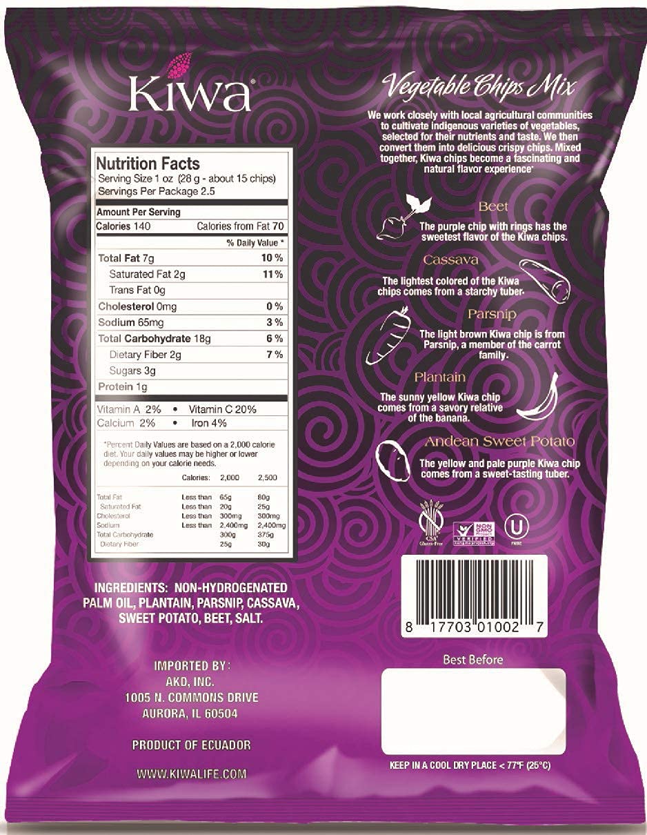 Kiwa Healthy Real Veggie Chips - Gluten Free & Non-GMO Vegetable Snacks for Kids & Adults - Plantain, Beet, Parsnip, Cassava & Sweet Potato Chips - 6 Individual Packs - Perfect for School Lunches, Office Snacks & Healthy On-the-Go Treats