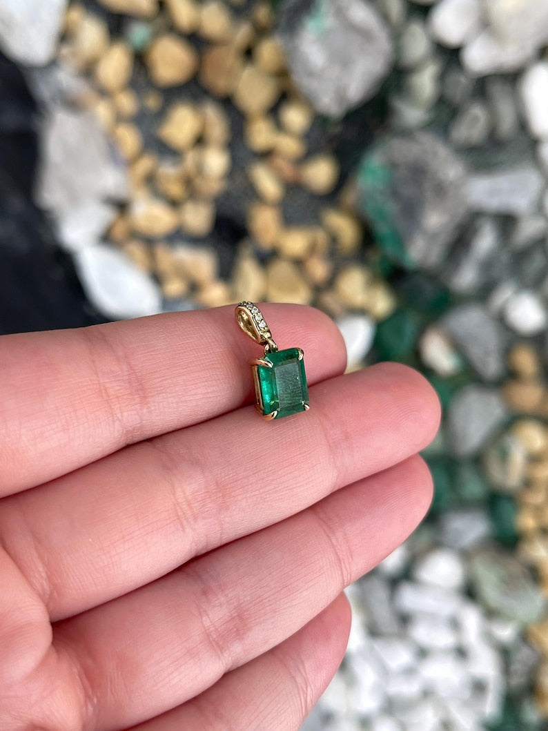 2.16tcw 14K Natural Emerald Cut Emerald & Diamond Accent Pendant Necklace - Lush Dark Green Gemstone Jewelry for Women, Elegant Gift for Anniversary, Birthday & Special Occasions