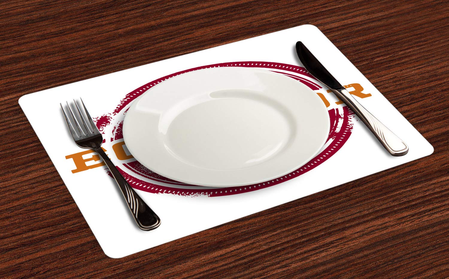 Ambesonne 4-Pack Ecuador Place Mats – Grungy Travel Stamp Political Map of South America Print, Washable Fabric Table Mats for Dining Room & Kitchen Decor in Dark Orange, Raspberry & White – Perfect for Dinner Parties & South American Theme Decorations