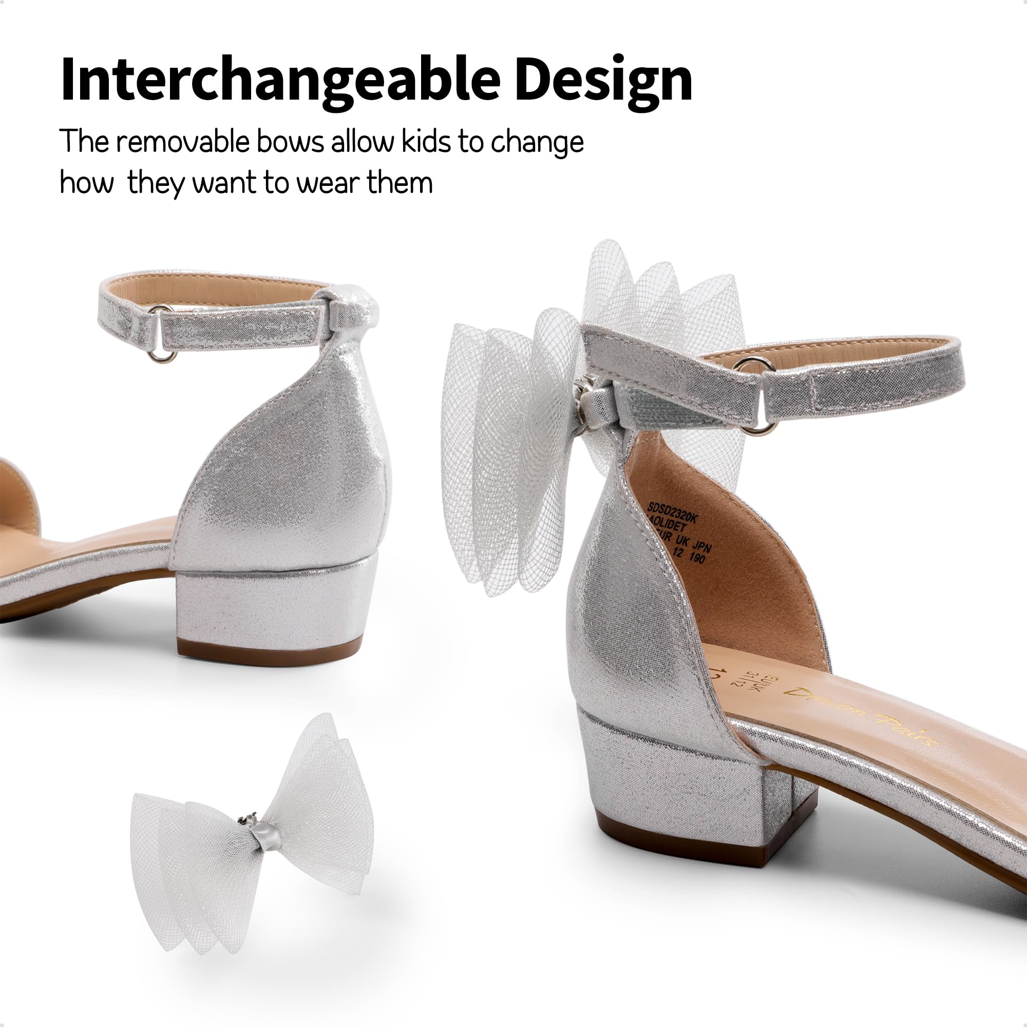 **Dream Pairs Girls' Low Heel Sandals with Interchangeable Bow & Flower Ankle Straps – Dress Pump for Weddings, Parties, and Special Occasions**    *(Perfect for flower girls, birthday celebrations, and formal events – stylish and comfortable for little and big kids!)*