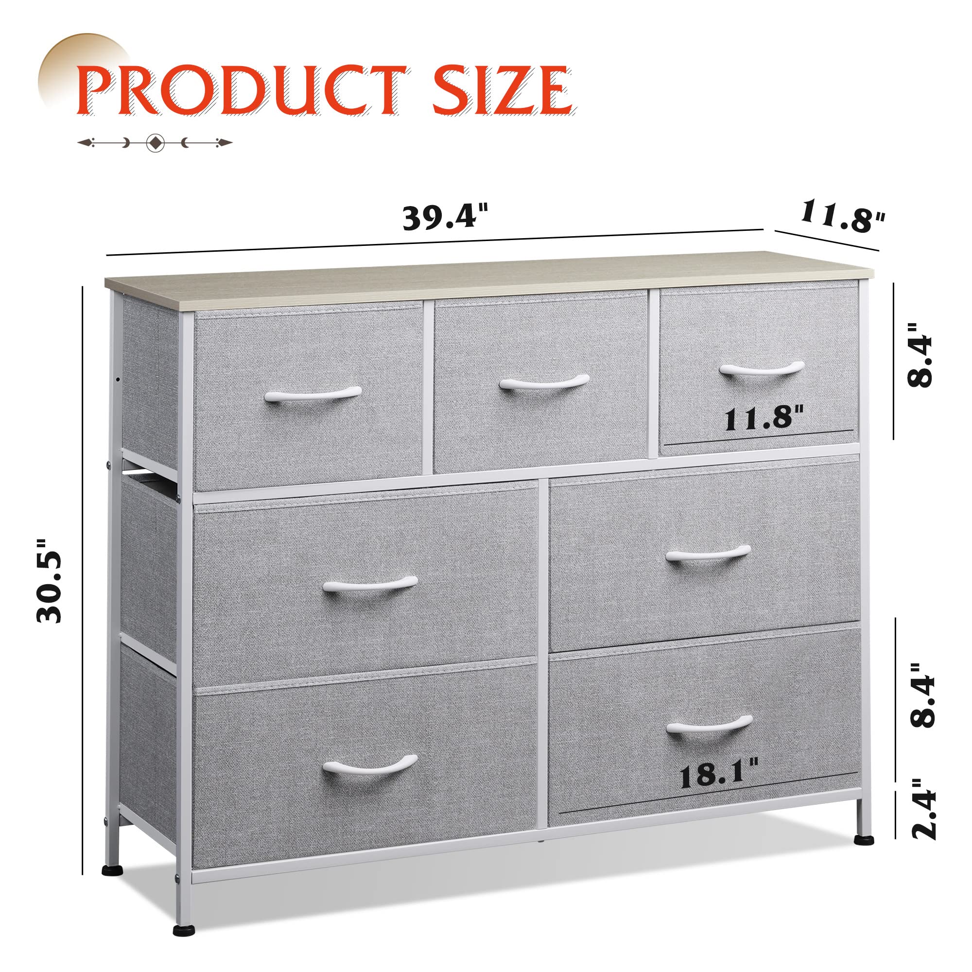 WLIVE 7-Drawer TV Stand Dresser with Metal Frame & Wood Top - 45 Inch Entertainment Center, Media Console for Bedroom & Living Room - Light Grey - Perfect for Organizing Electronics, Storing Blankets & Enhancing Home Decor