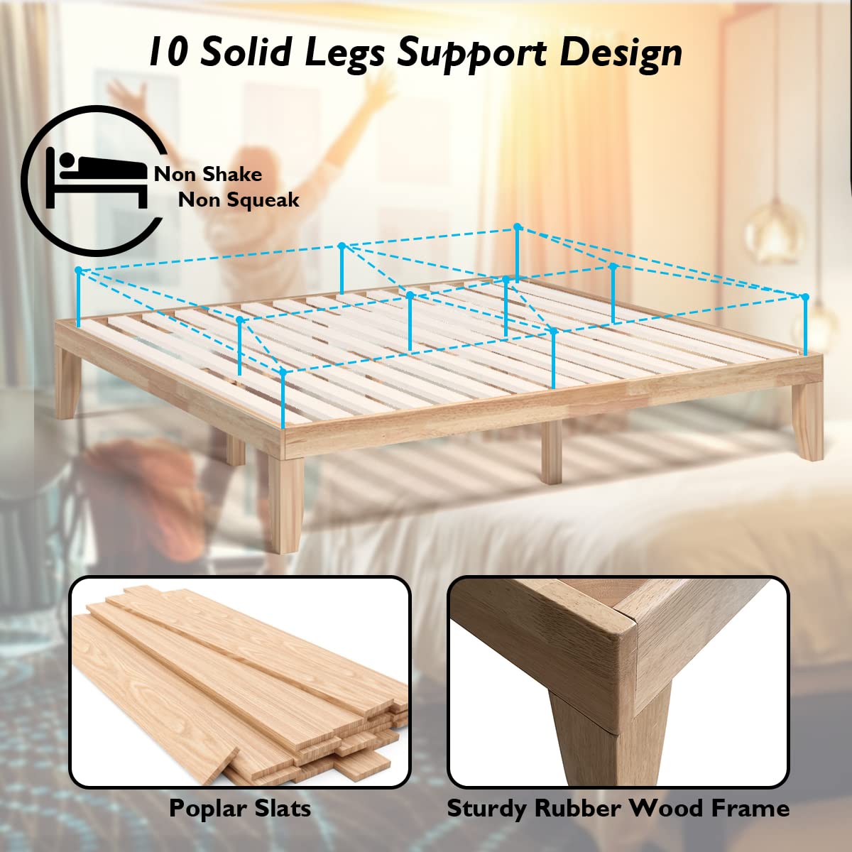 KOMFOTT 14 Inch Solid Wood Platform Bed Frame - King Size Rubber Wood Mattress Foundation with Sturdy Poplar Wood Slats | No Box Spring Needed | Natural Finish | Perfect for Modern Bedrooms & Guest Rooms