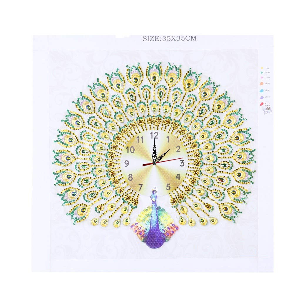 5D Diamond Painting Kit for Adults & Kids - DIY Golden Peacock Special Shape Diamond Art Clock with Rhinestones, Numbers & Colorful Flowers - Home Wall Decor for Living Room, Bedroom & Gift Giving
