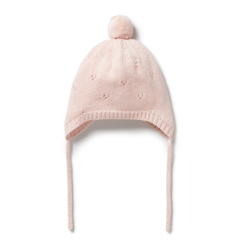 Pink Knitted Pointelle Bonnet for Baby Girls - Soft & Breathable Cotton Newborn Hat for Winter & Photo Shoots