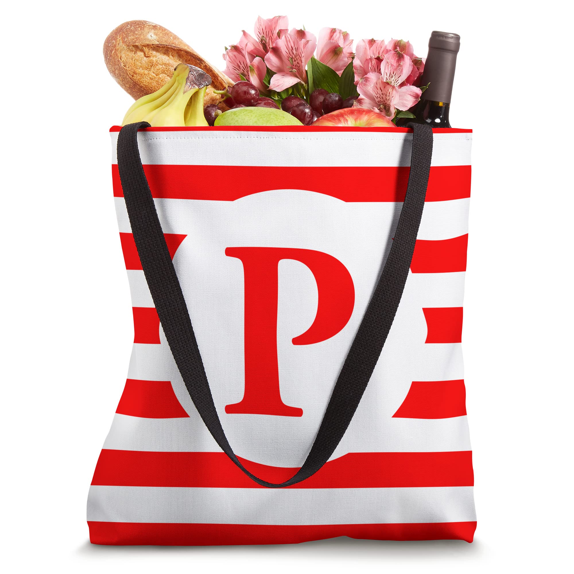 P Monogram Red White Stripe Tote Bag - Stylish Canvas Shoulder Bag for Women, Perfect for Work, Travel & Shopping