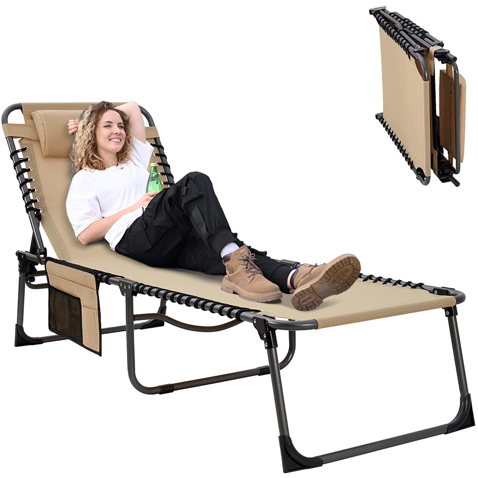 KingCamp Adjustable Folding Lounge Chair for Outdoor, Patio, Pool, Beach & Camping - Heavy Duty Portable Chaise Lounge with Pillow - Perfect for Sunbathing, Relaxing in Backyard, Deck or Lawn