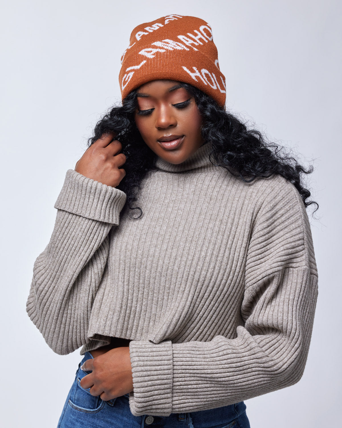 MONOGRAM BEANIE HAT - Brown Knit Beanie for Men & Women - Winter Warm Fleece Lined Skull Cap - Perfect for Outdoor Activities, Skiing, and Casual Wear