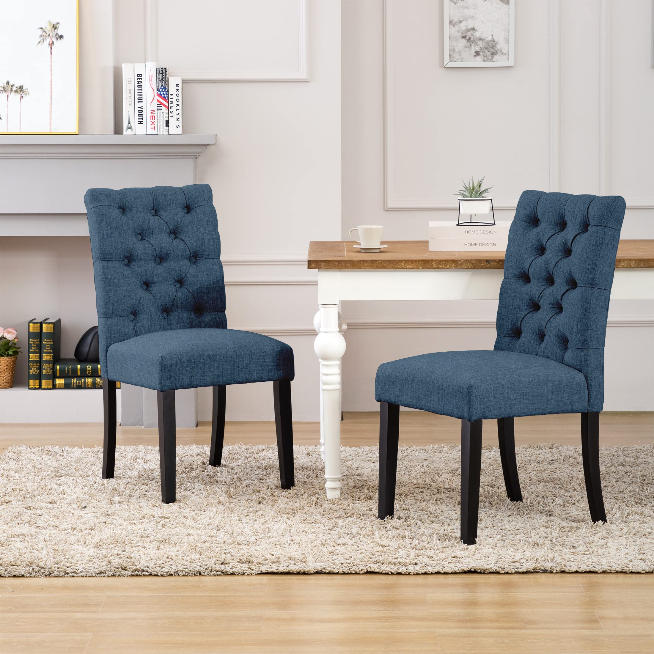 WestinTrends Hayes Tufted Dining Chairs - Set of 2 Blue Linen Fabric Upholstered Kitchen Chairs with Solid Wood Legs for Dining Room, Kitchen, Breakfast Nook & Home Decor