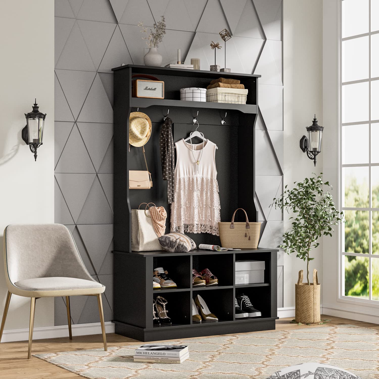 AIEGLE 3-in-1 Entryway Hall Tree with Bench, Shoe Storage & Coat Rack - 6 Cube Organizer & 4 Hooks - Space Saving Black Entryway Furniture (39.8