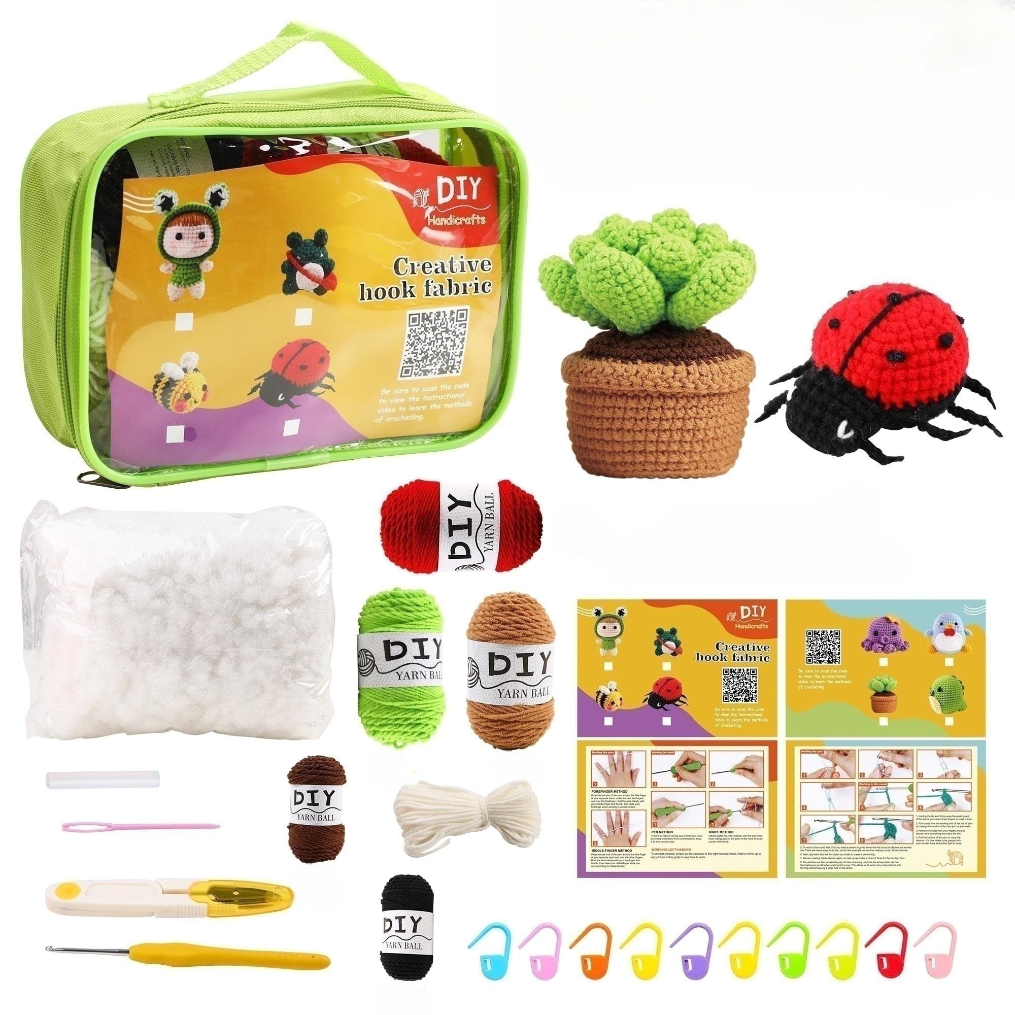 2 Pack Beginner Crochet Kit for DIY Potted Succulent & Ladybug - Complete All-in-One Knitting Set with Yarn, Hook & Step-by-Step Guide - Perfect Starter Kit for Adults & Teens - Home Decor, Gift Making & Relaxing Craft Projects