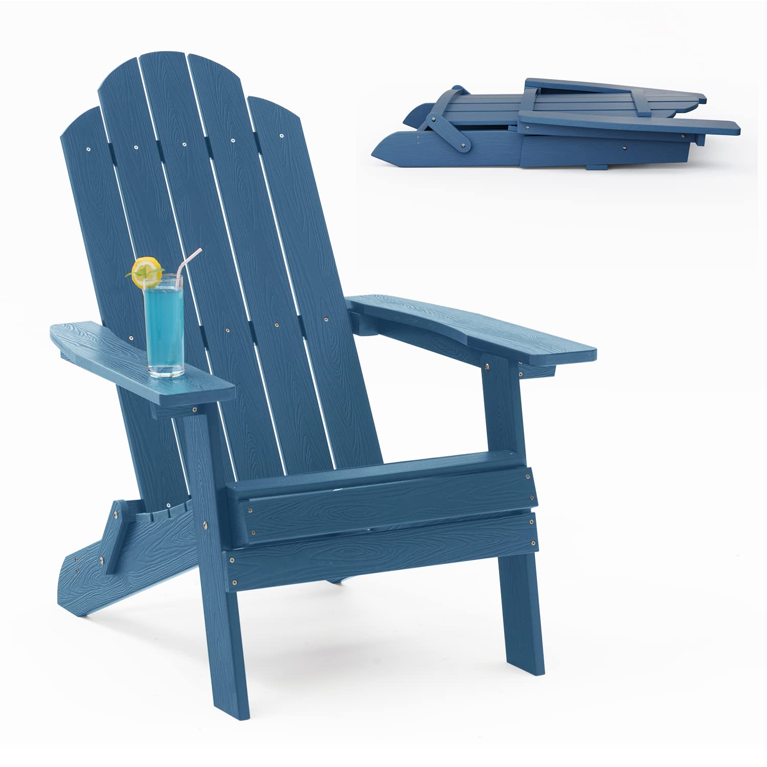 MXIMU Folding Adirondack Chair - Heavy Duty Plastic Outdoor Lounge Chair for Patio, Backyard, Garden, Camping & Fire Pit - Navy Blue Comfort Seat for Relaxing