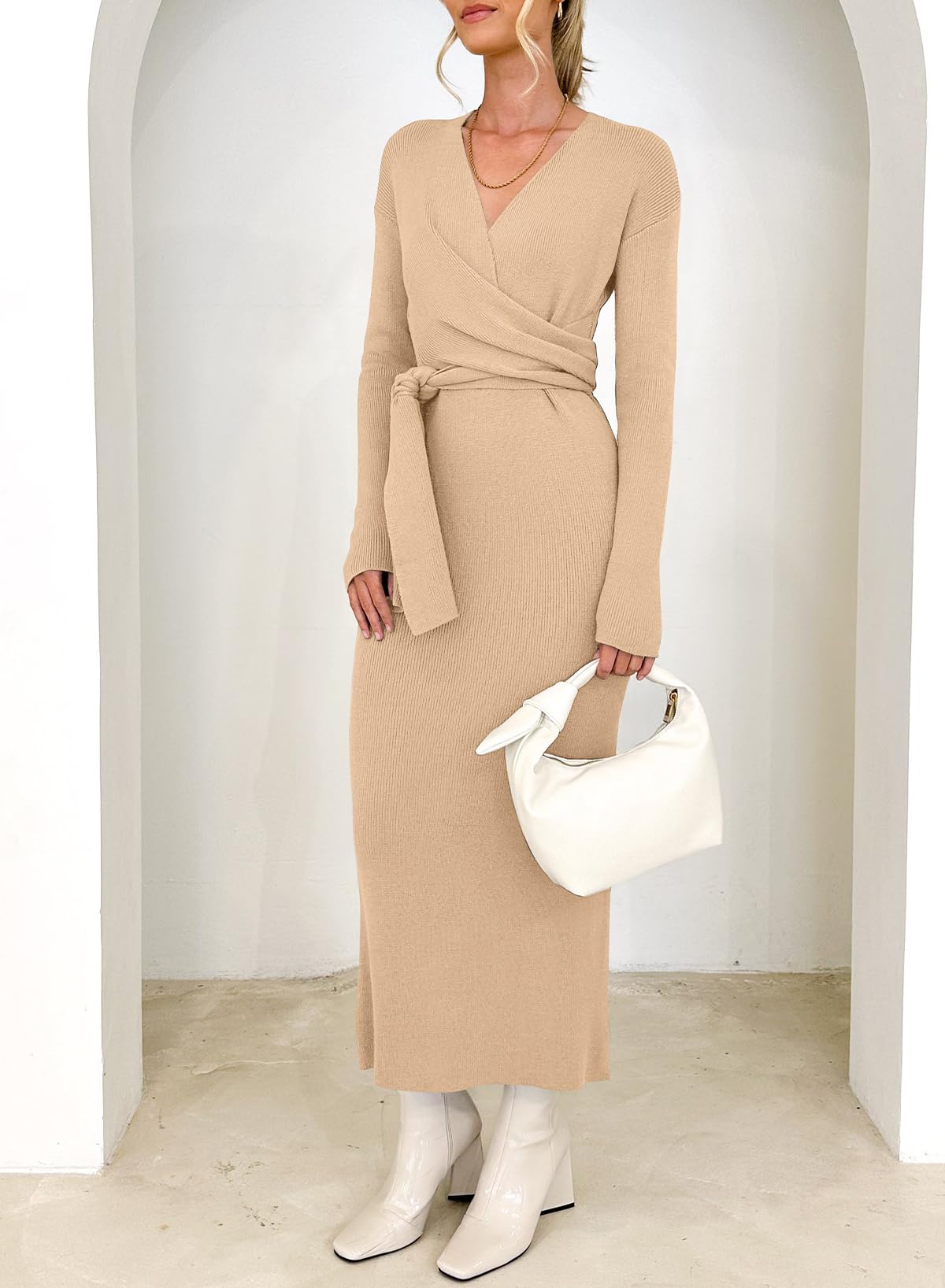 Happy Sailed Women's Knit Dress - Spring Long Sleeve Wrap V-Neck Tie Waist Ribbed Sweater Dress for Work, Date Night & Casual Outings