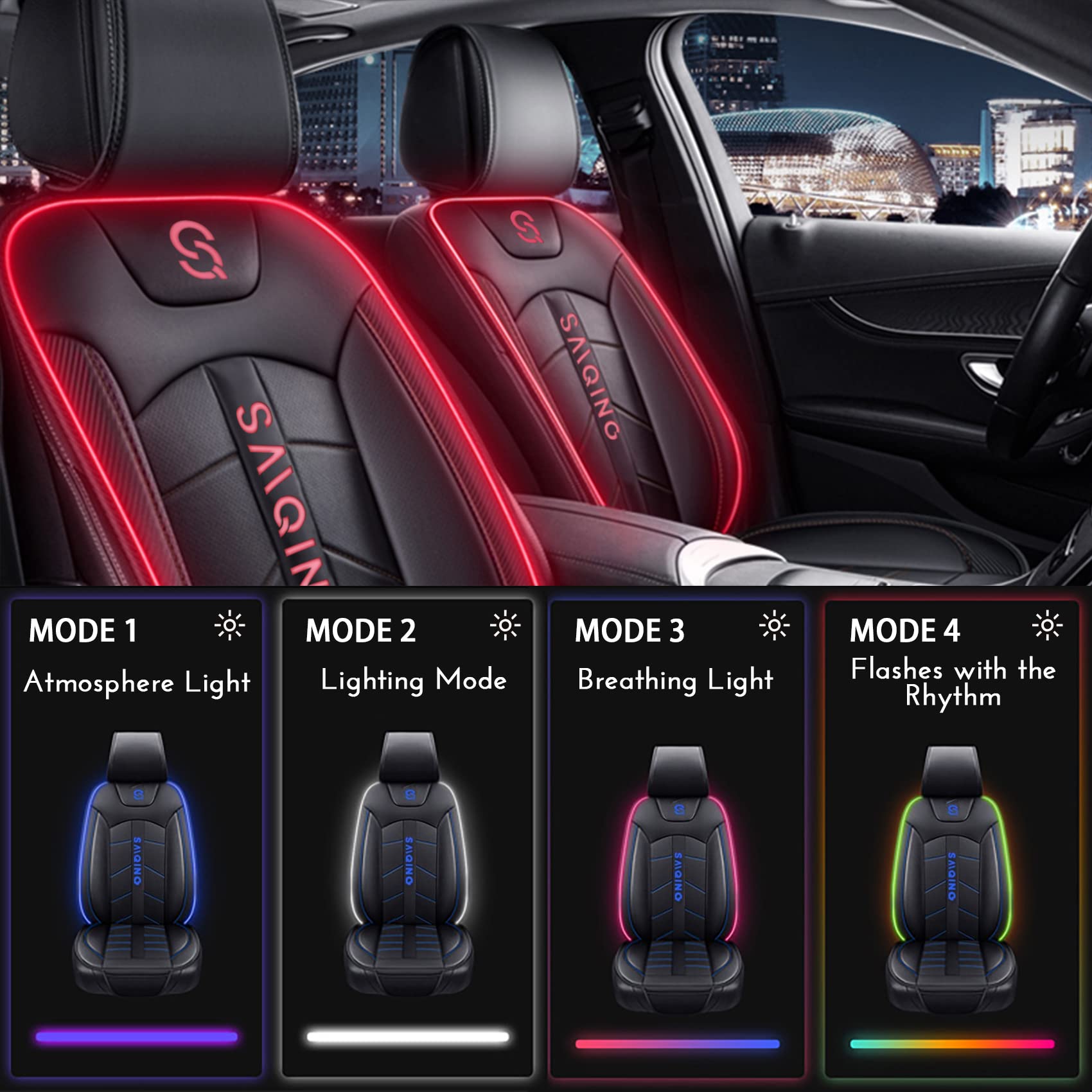 Universal Luxury Leather Car Seat Covers with RGB LED Lights - Front Seats Cushion & Backrest Protector - Sound-Activated Music Sync & Remote Control (Red) - Perfect for Night Driving, Car Shows & Custom Interior Lighting