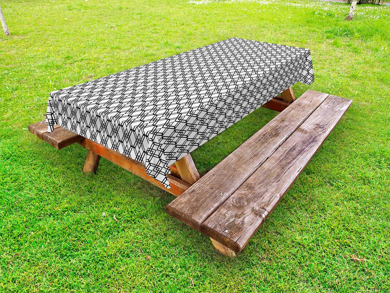 Ambesonne Black and White Grid Pattern Outdoor Tablecloth - Modern Monochrome Interlace Squares Design, Washable Picnic Table Cover 58