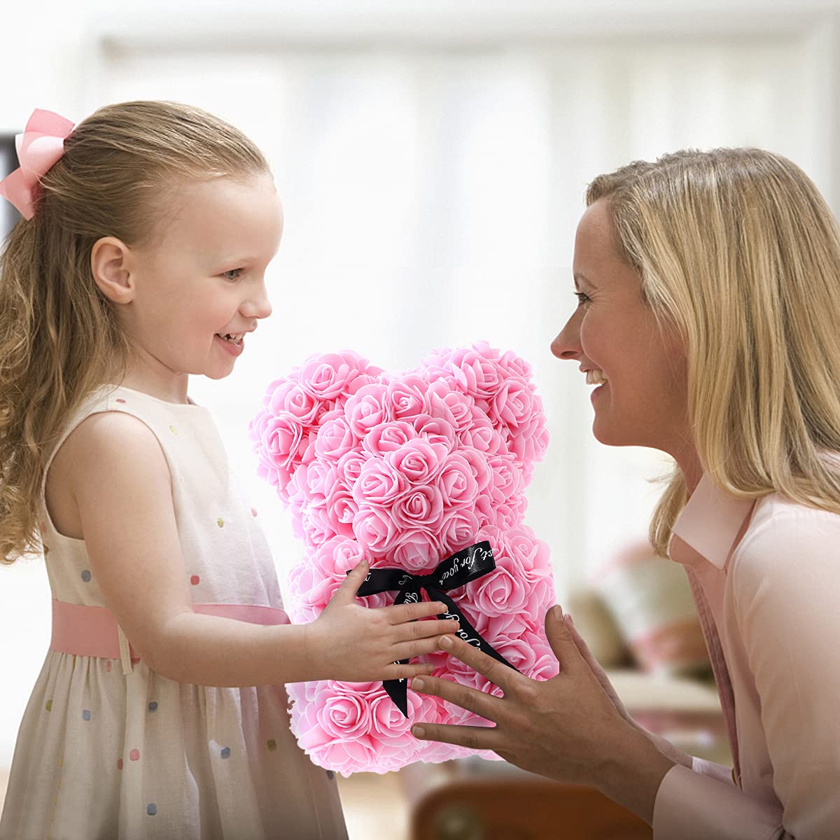 Handmade Rose Teddy Bear Gift for Women - Light Pink Rose Flower Bear with Clear Gift Box & Greeting Card | Perfect for Mother's Day, Valentine's Day, Anniversary & Bridal Showers | Romantic Home Decor & Special Occasion Gift Idea