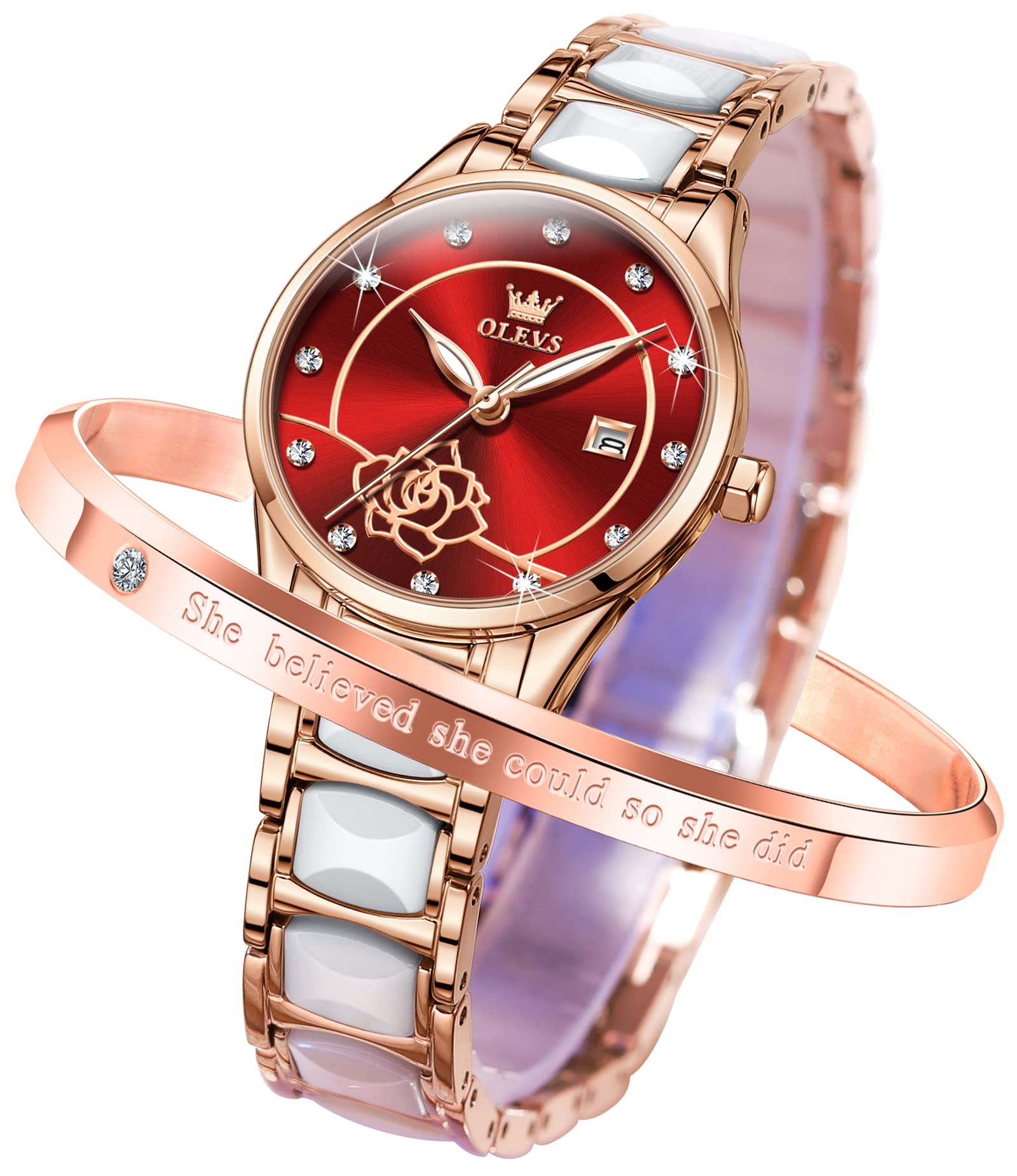 OLEVS Women's Rose Gold Ceramic Watch Set - Elegant Quartz Stainless Steel Wristwatch with Luminous Hands & Waterproof Design | Perfect for Office, Party & Everyday Wear