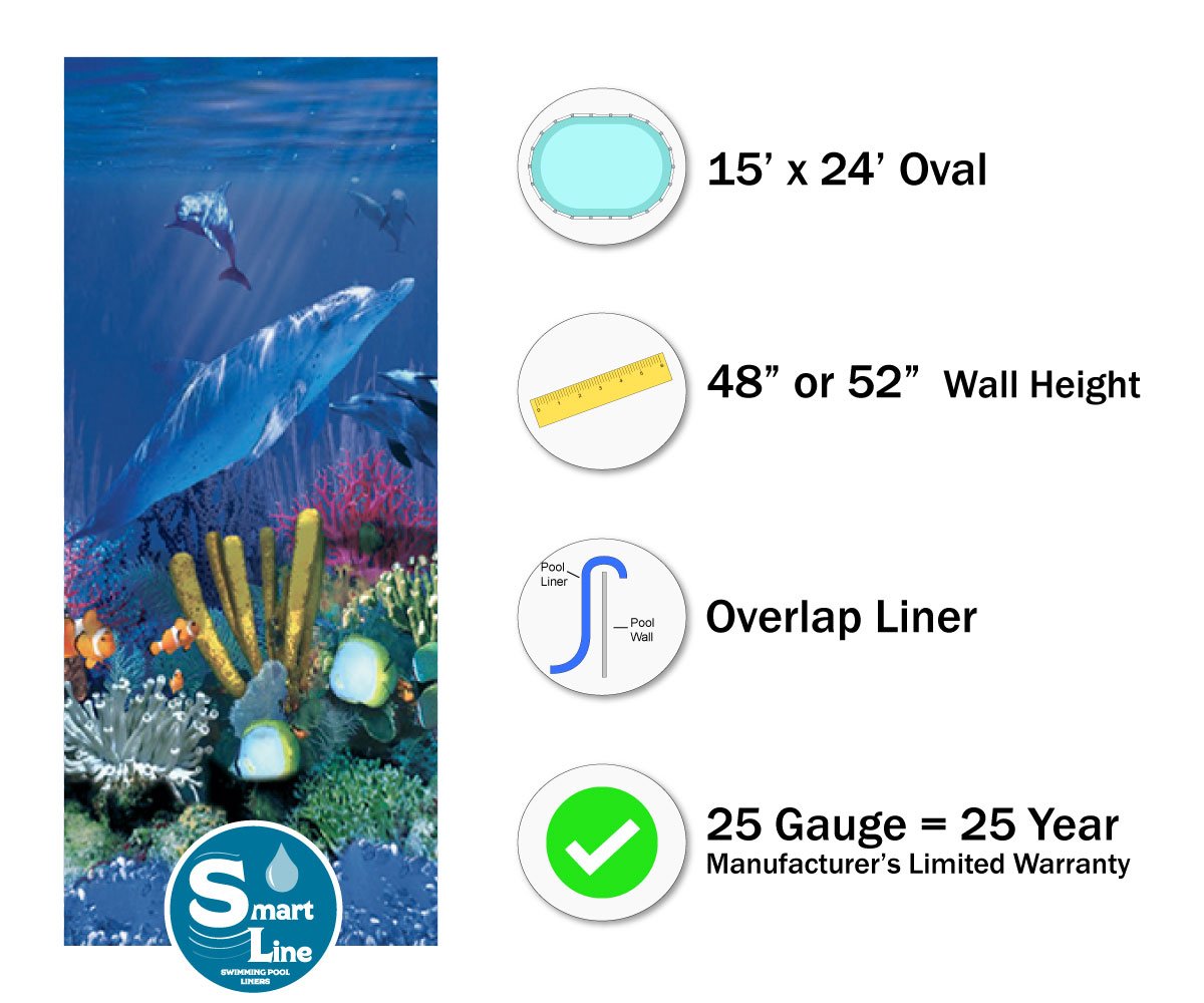 Smartline 15ft x 24ft Oval Above Ground Pool Liner - Antilles Dolphin Pattern | Heavy Duty 25-Gauge Virgin Vinyl | Overlap Style (48-52 Inch Wall Height) | Perfect for Steel Sided Swimming Pools | Backyard Summer Fun & Family Relaxation