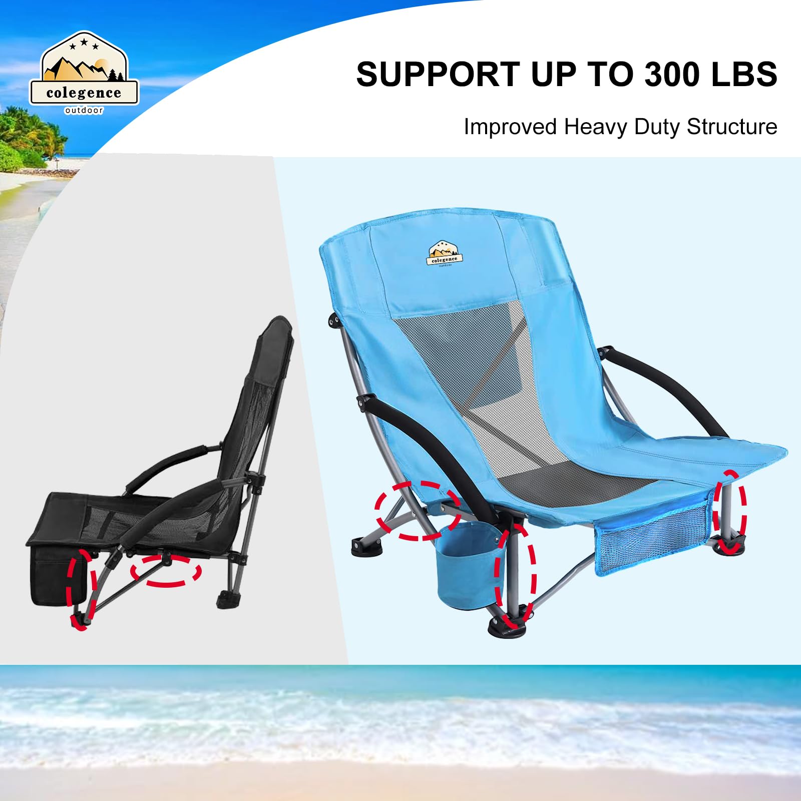 **2 Pack Low Back Camping Chairs - Heavy Duty 300 LBS Capacity, Portable Folding Outdoor Chairs with Carry Bag, Phone Pocket, Cooler & Cup Holder - Ideal for Beach, Picnic, Backyard & Camping (Blue, 2 Pcs)**