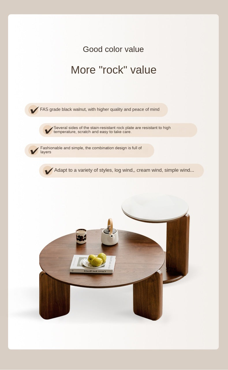 Solid Black Walnut Wood Round Slate Coffee Table - Rustic Modern Living Room Furniture for Home Decor & Tea Time Relaxation