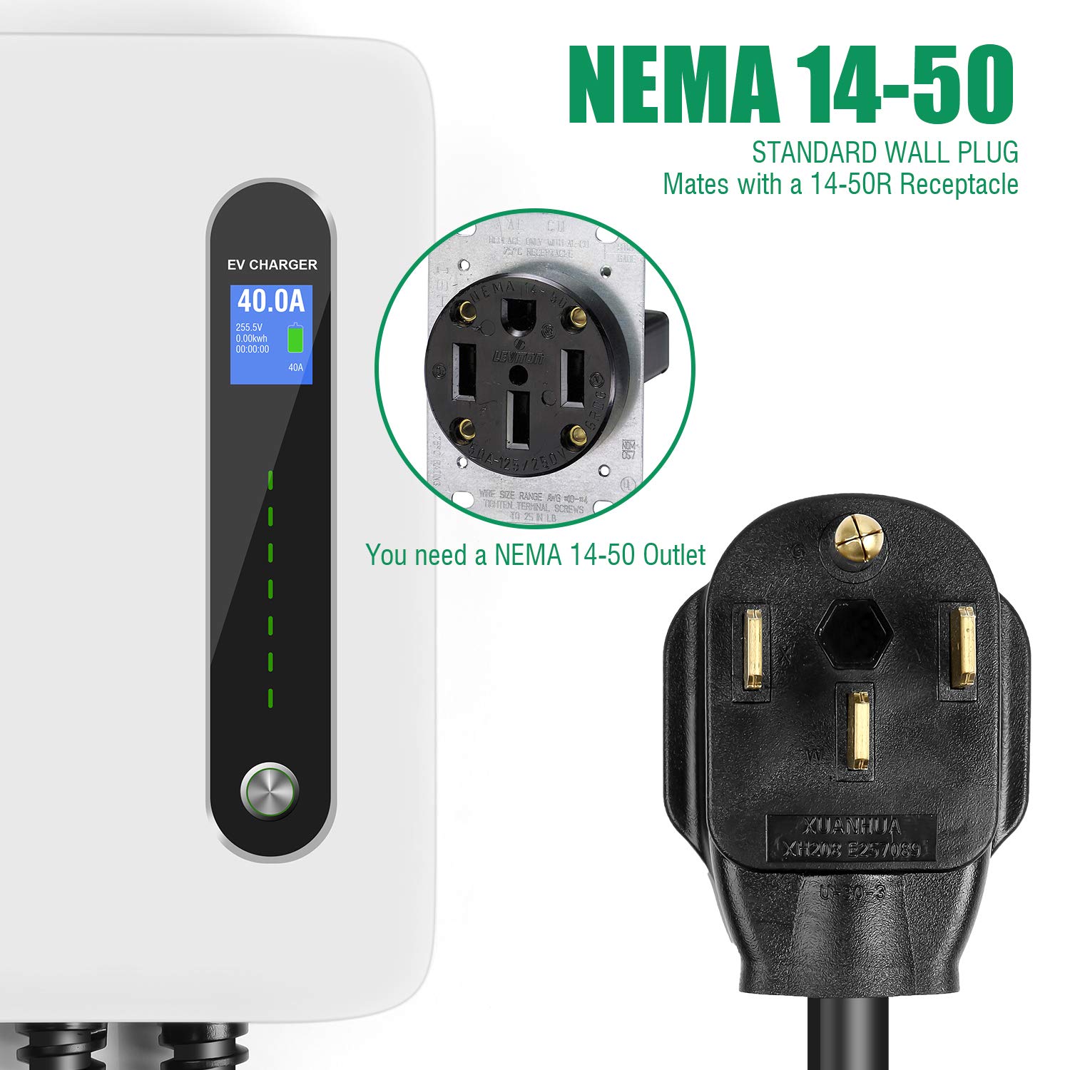 40A Level 2 EV Charger Station - 9.6KW NEMA 14-50 Wall Mount Electric Vehicle Charger for Tesla, Nissan Leaf, Chevy Volt & Hybrid Cars - 20ft Charging Cable - Fast Home & Workplace Charging Solution