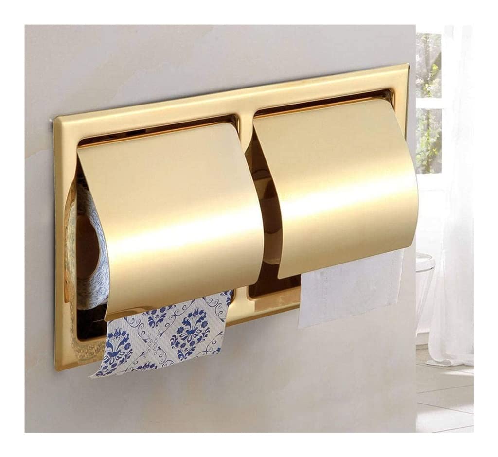Stainless Steel Recessed Toilet Paper Holder - Wall Mounted Chrome Bathroom Tissue Roll Dispenser (Golden) for Modern Bathrooms & Powder Rooms