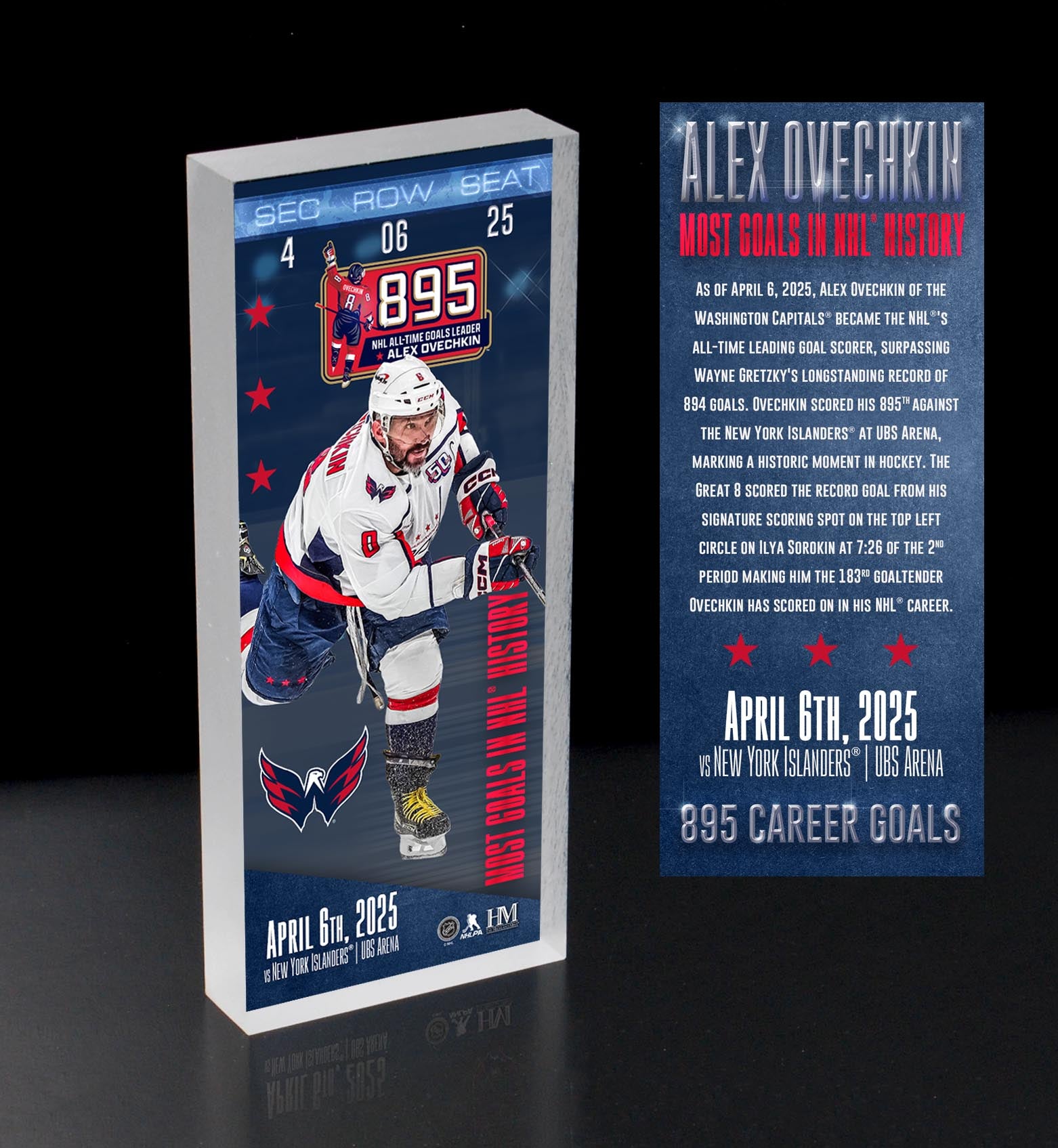 Alex Ovechkin NHL 895 Goals Record 3D Acrylic Ticket Block - Commemorative Hockey Memorabilia for Washington Capitals Fans & Sports Collectors - Perfect for Man Cave, Sports Bar Decor or Gift for Hockey Lovers