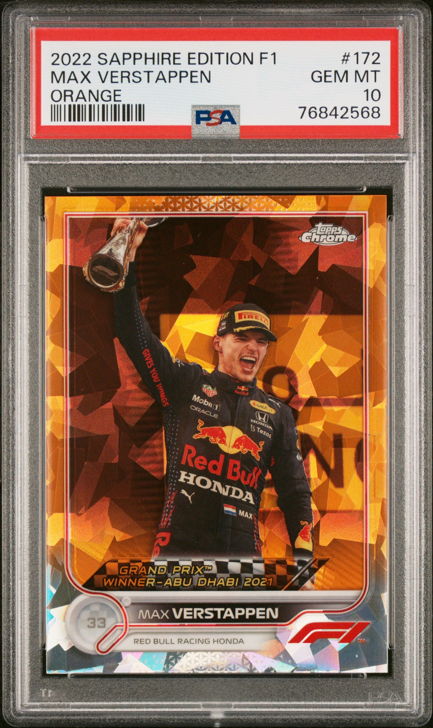 2022 Topps Chrome F1 Max Verstappen #172 Orange Sapphire PSA 10/25 - Rare Racing Collectible for F1 Fans & Sports Memorabilia Enthusiasts