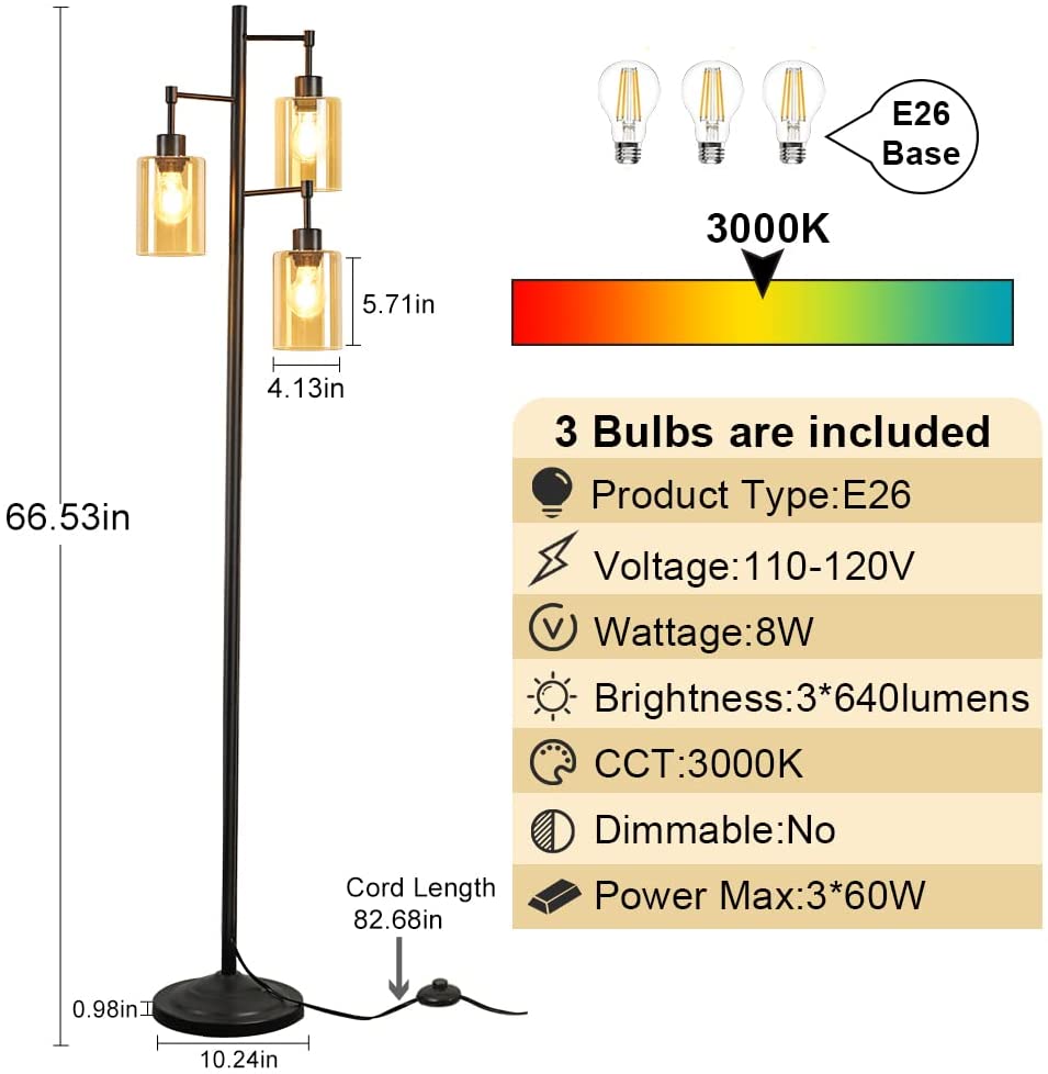 Depuley 3-Light Farmhouse Tree Floor Lamp with Amber Glass Shade - Rustic Industrial Standing LED Light for Living Room, Bedroom & Office - Tall Black Pole Floor Lamp with E26 Bulbs Included - Perfect for Reading Nook, Cozy Corner & Home Decor