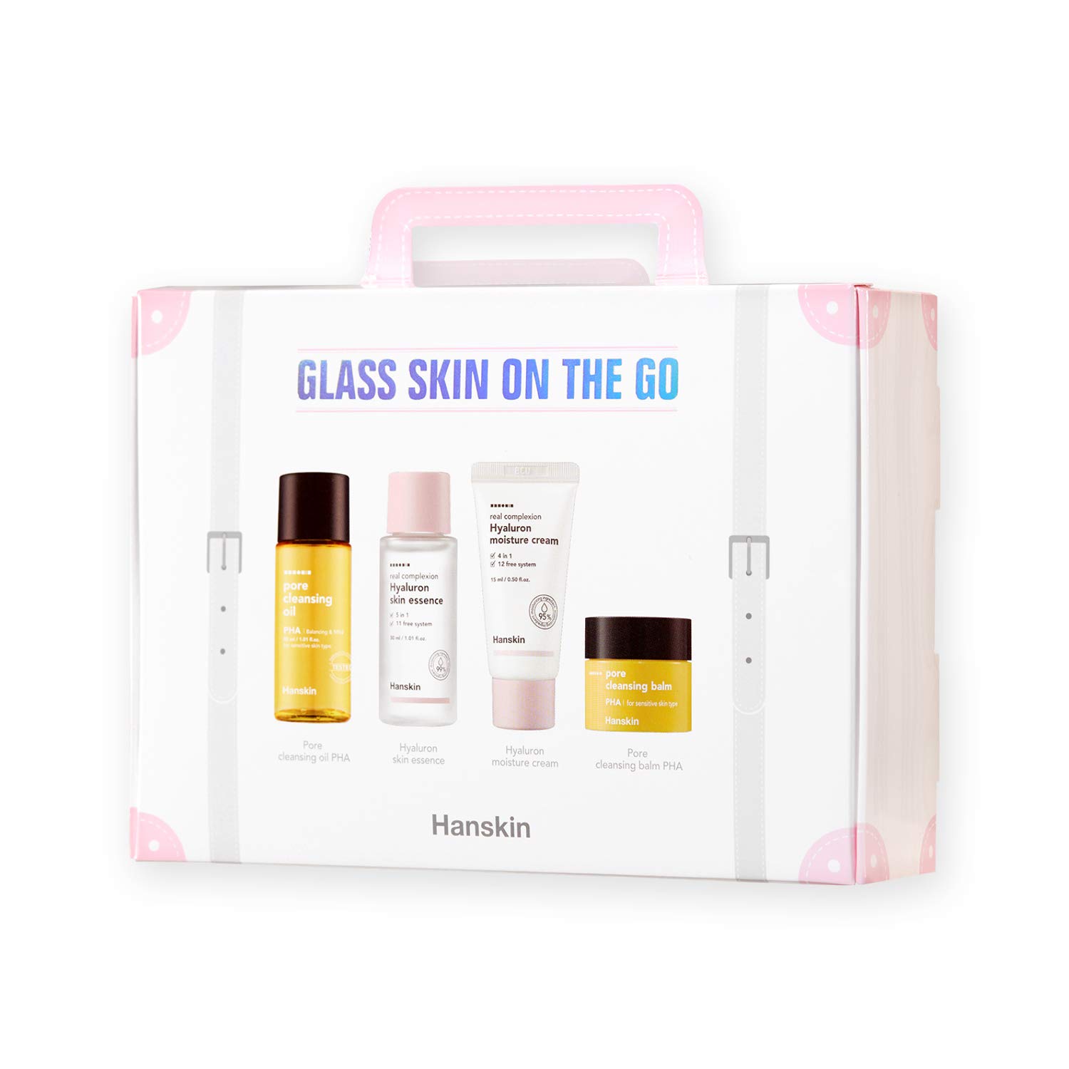 Hanskin Glass Skin On The Go Kit - 4 Piece Hydrating Skincare Set with Cleanser, Essence Toner & Moisturizer | Korean Beauty for Glowing Skin | Travel-Friendly Moisturizing Routine for Dry & Dull Skin