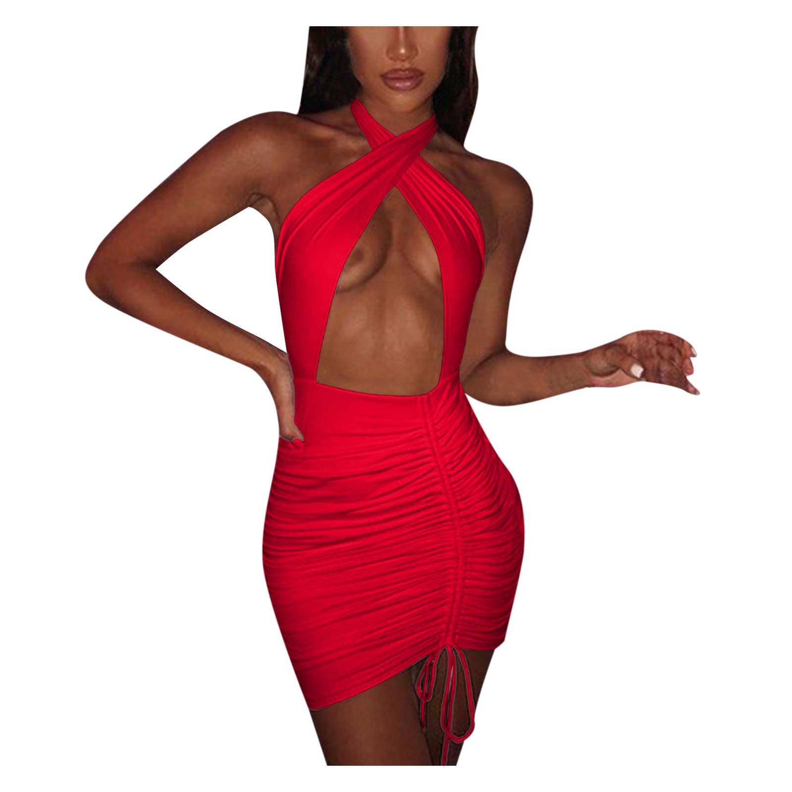 Sleeveless Bandage Dress with Split - Women's Halter Dress for Night Out