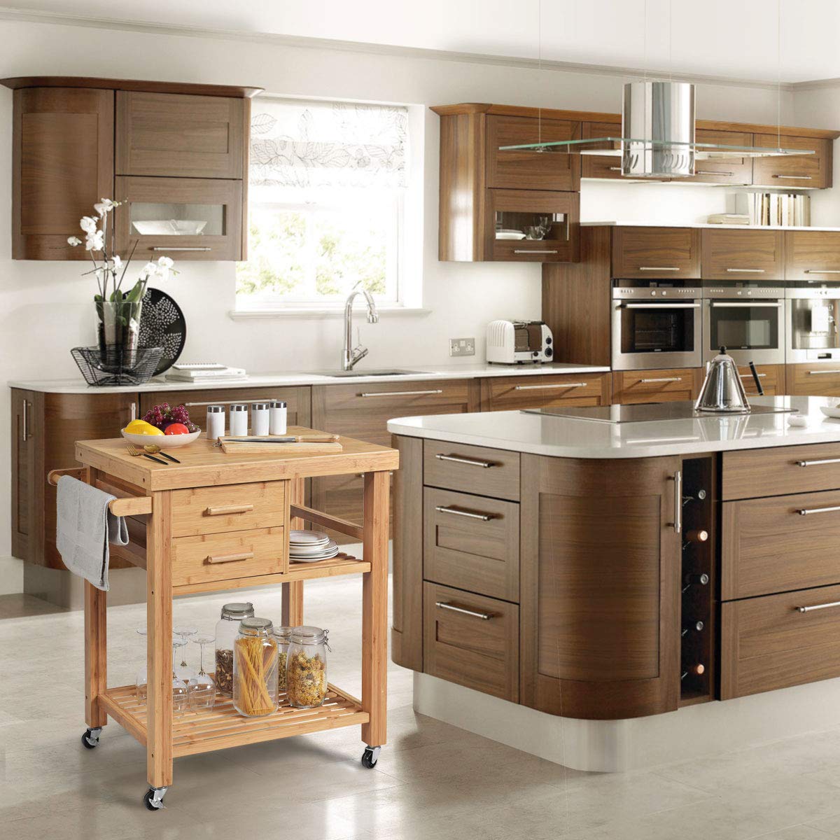 **Giantex Bamboo Kitchen Island Cart with 2 Drawers, Towel Rack & Locking Casters - Natural Wood Rolling Kitchen Trolley for Small Spaces, Dining Room & Food Prep**