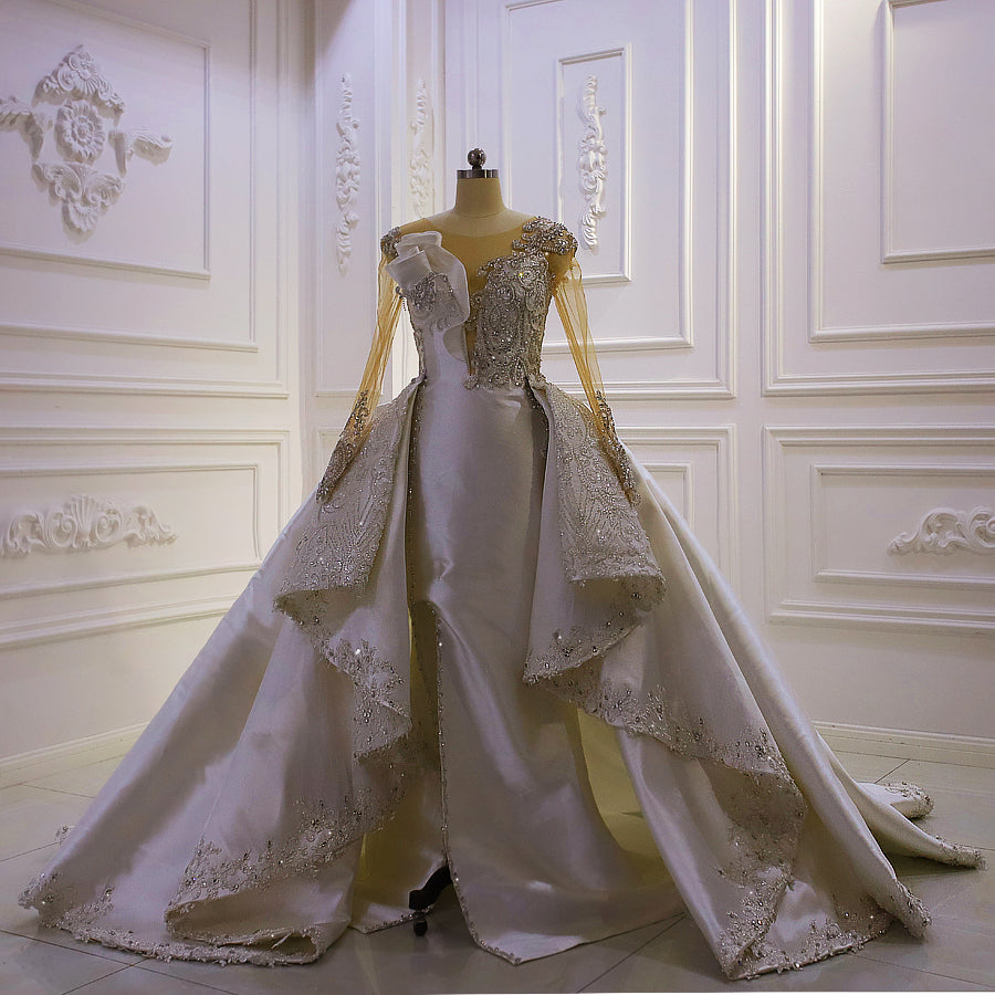 Elegant AM1125 Long Sleeve 2-in-1 Wedding Dress with Detachable Skirt – Perfect for Church Ceremony, Beach Wedding & Formal Reception
