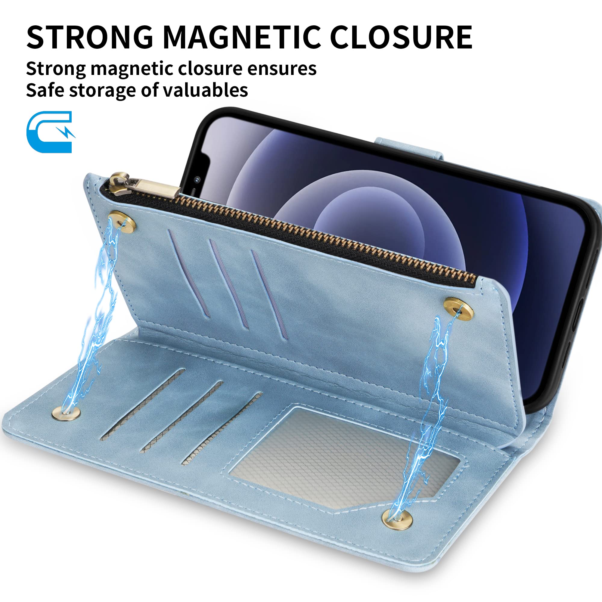 Premium Soft PU Leather Zipper Folio Wallet Case for iPhone 12/12 Pro (6.1 inch) - Card Slots, Wrist Strap & Kickstand | Light Blue | Business, Travel & Everyday Protection