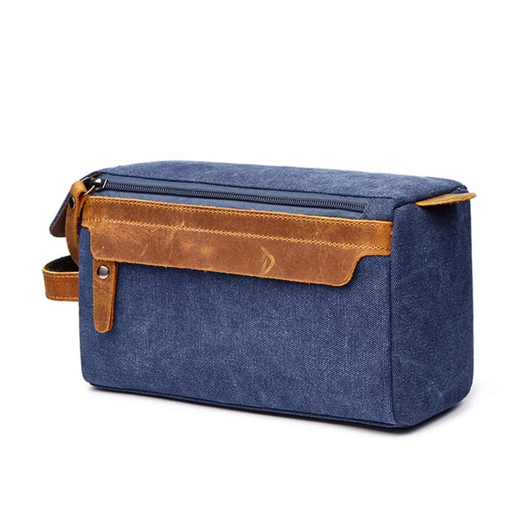Premium Leather Toiletry Bag for Men - Waterproof Travel Shaving Kit Organizer with Hanging Hook, Durable Canvas Cosmetic Case (Blue) - Ideal for Business Trips, Camping & Gym Essentials Storage