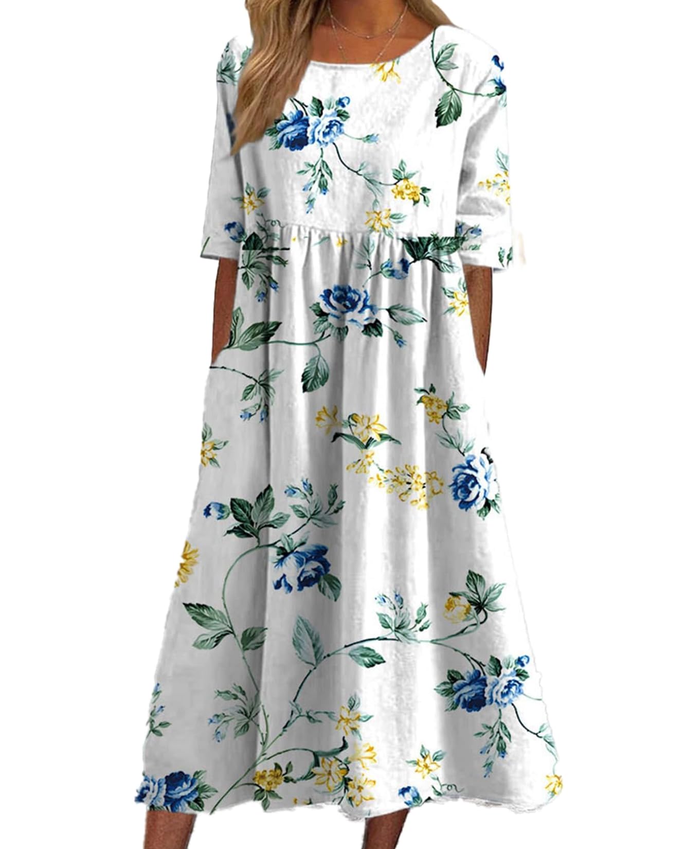 Boho Floral Print Midi Dress for Women - Short Sleeve Pleated Casual Beach Dress with Pockets | Summer 2024 Fashion | Perfect for Vacations, Date Nights & Outdoor Events