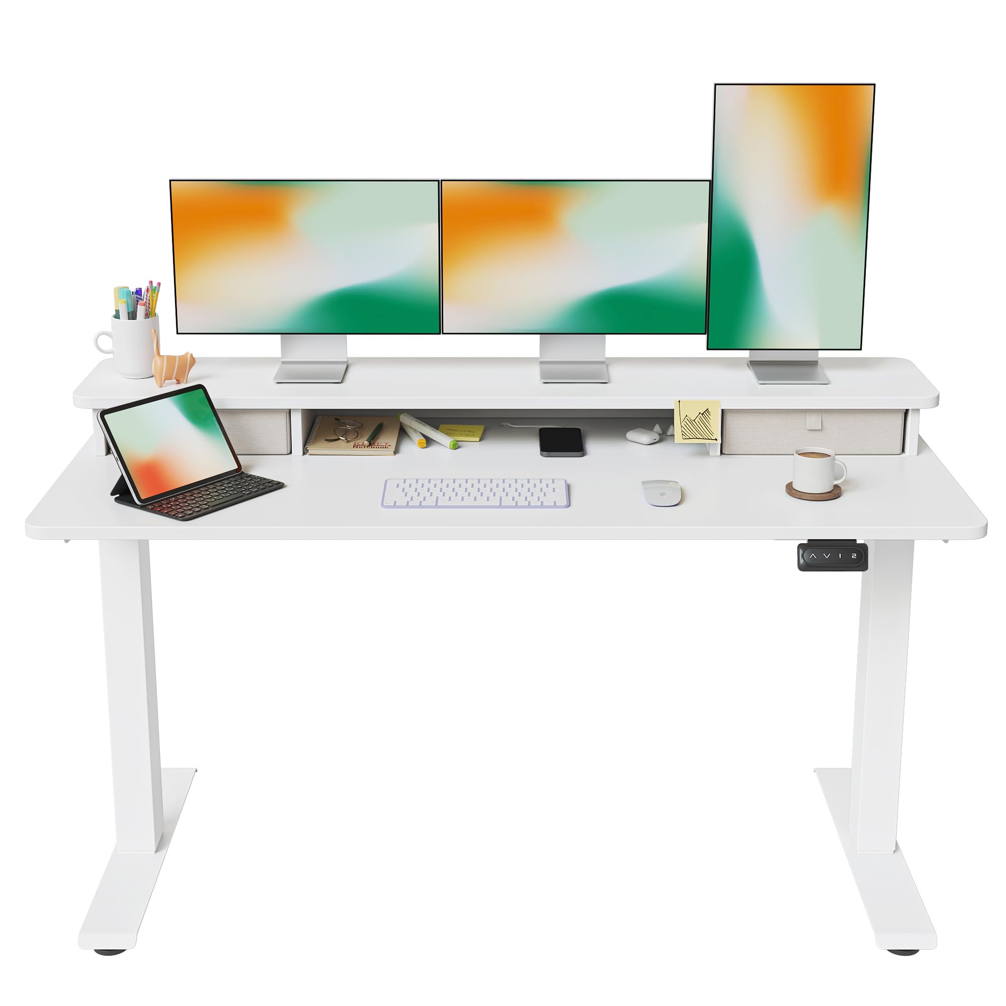 FEZIBO 60 x 24 Inch Electric Height Adjustable Standing Desk with Double Drawers & Storage Shelf - White Frame & White Top - Perfect for Home Office, Gaming & Workspace Ergonomics