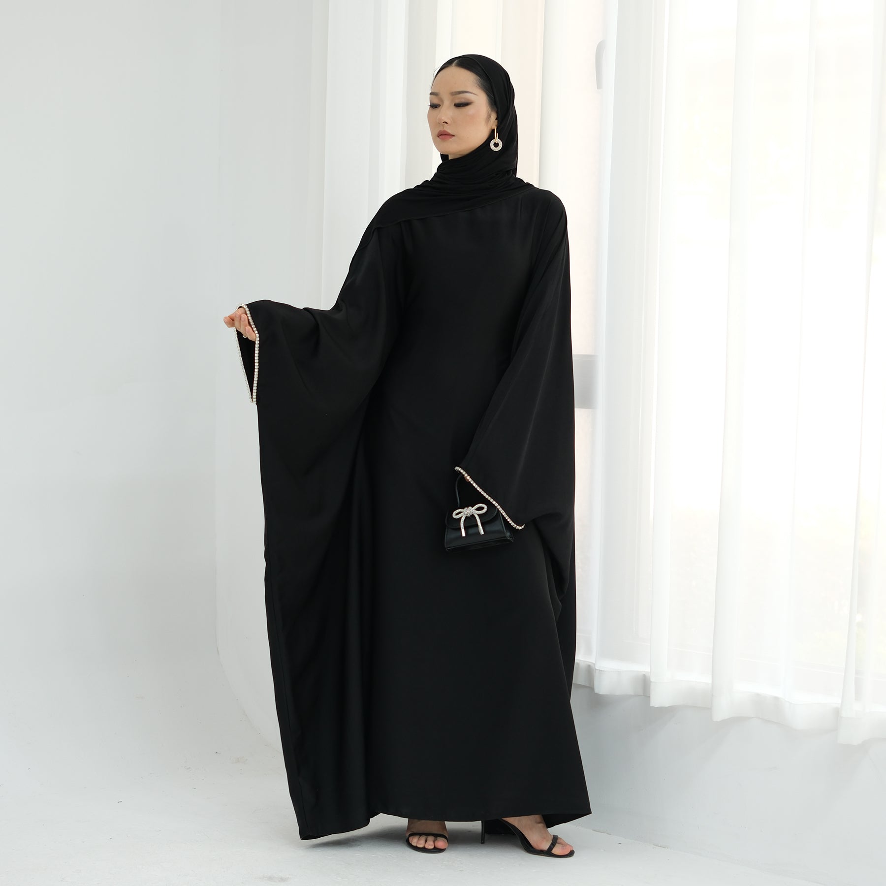 Davina Butterfly Satin Abaya for Women - Elegant Black Muslim Prayer Dress - Perfect for Eid, Ramadan, Mosque & Special Occasions
