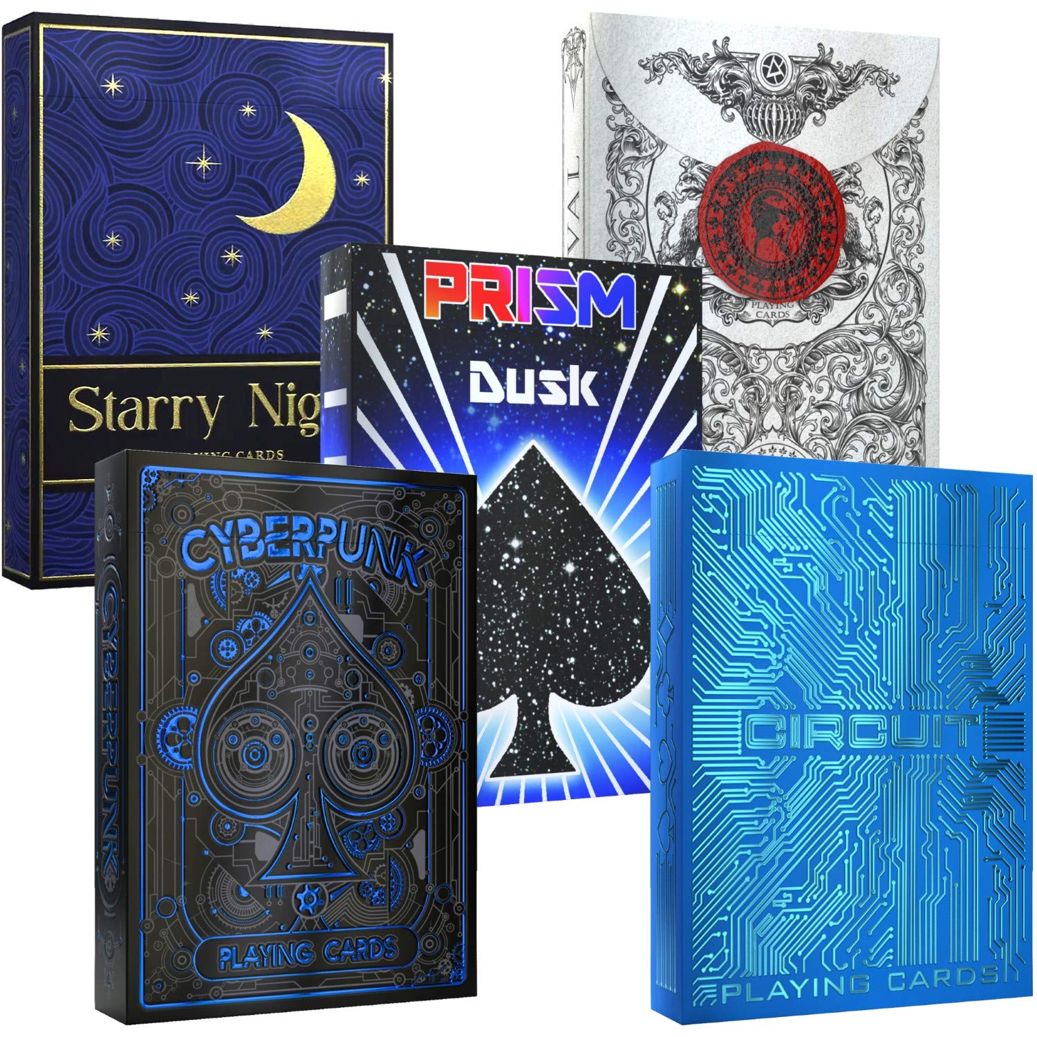 Premium 5-Deck Playing Cards Bundle - Circuit Blue, Cyberpunk Blue, Prism Dusk, Medieval Black & Starry Night | High-Quality Poker Cards for Magic Tricks, Card Games & Collectors - Save 20% on Bundle Deal