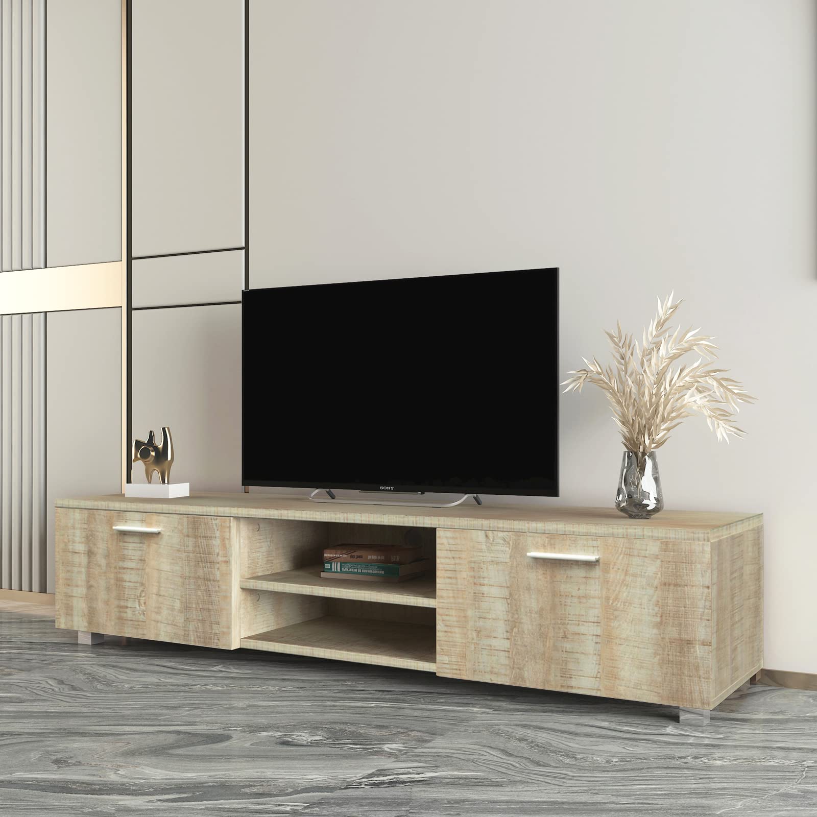 70 Inch Oak TV Stand with 2 Storage Cabinets & 2 Open Shelves - Modern TV Console Table for Living Room, Media Entertainment Center - Perfect for Home Theater Setup & Living Room Organization