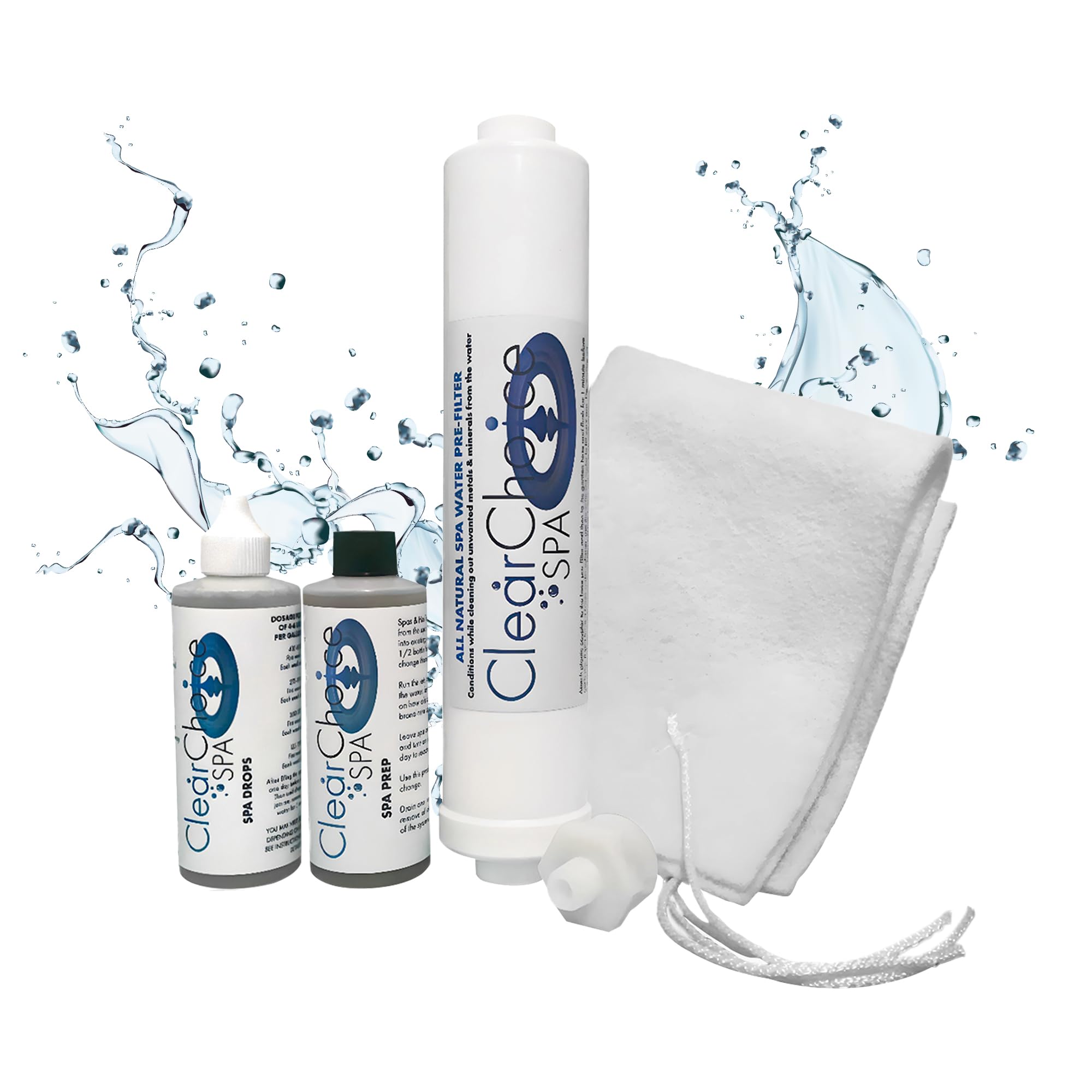 Clear Choice Spa Hot Tub Start Up Kit with Micron Sleeve – Includes Spa Drops, Spa Prep, Hose Pre-Filter & Micron Filter Sleeve | Natural Enzyme-Based, Non-Toxic, Hypoallergenic Hot Tub Chemicals | 1 Year Supply for Spa Maintenance & Water Care | Perfect for New Hot Tub Setup & Regular Maintenance