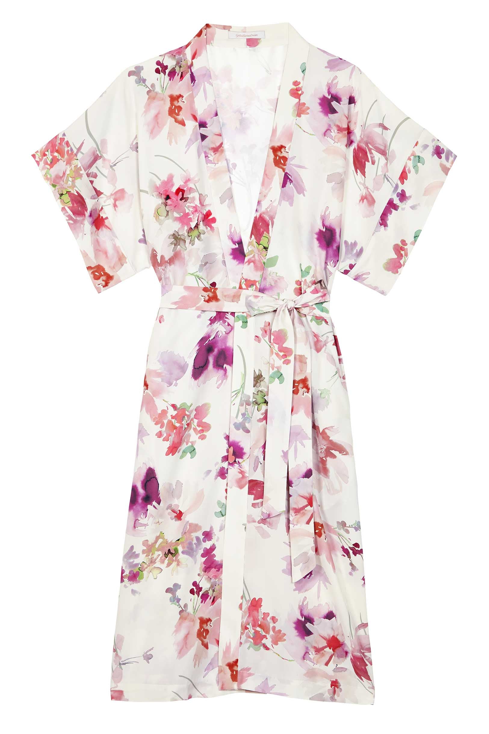 Daphne Long Midi Silk Kimono Robe - Floral Cherry Blossom Print Womens Loungewear for Spa, Bridal Shower & Beach Cover Up