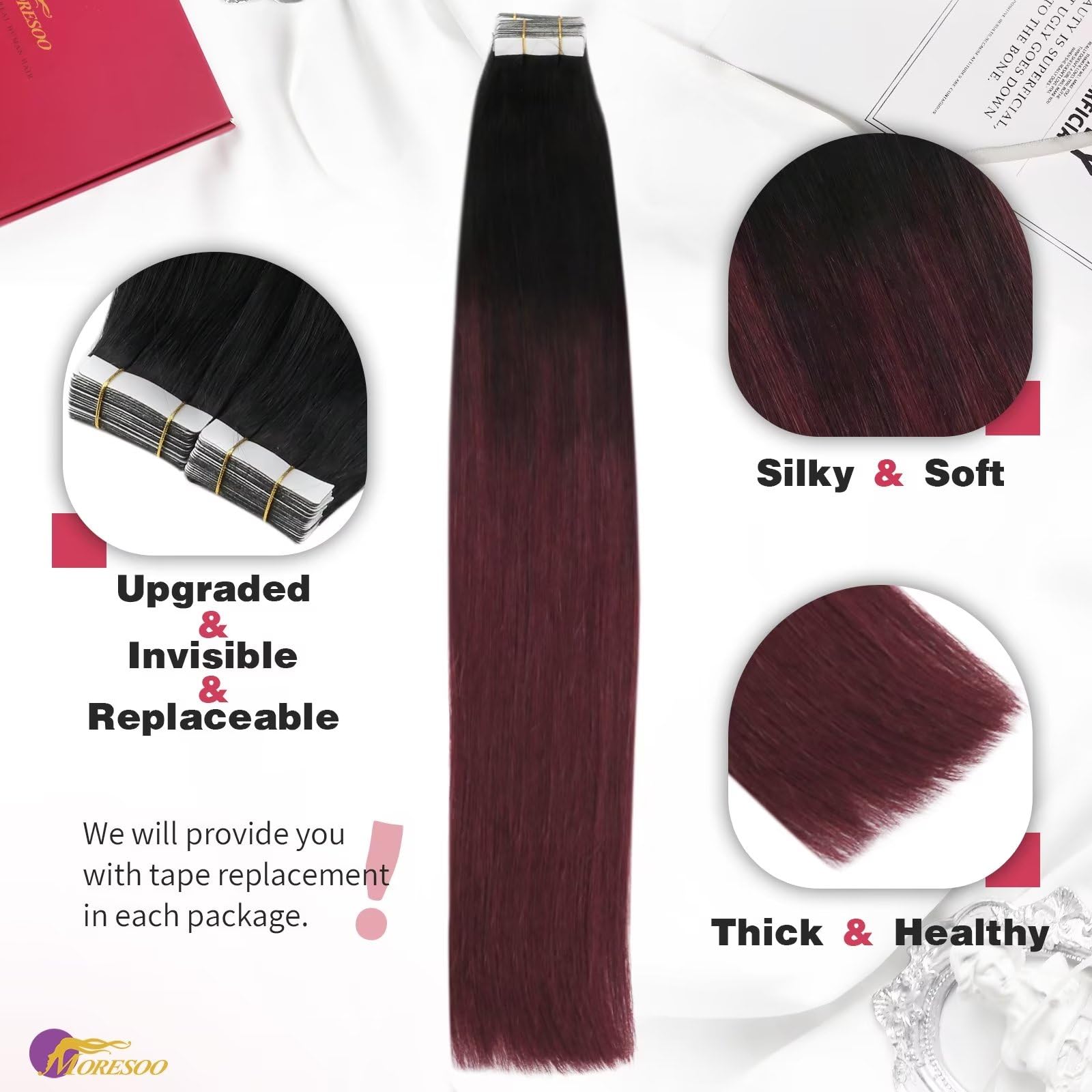 Premium Moresoo Burgundy Tape-In & Clip-In Hair Extensions - 20pcs/50g + 7pcs/120g Balayage Black to Red Wine Human Hair Bundle for Length & Volume | Perfect for Parties, Weddings & Daily Styling
